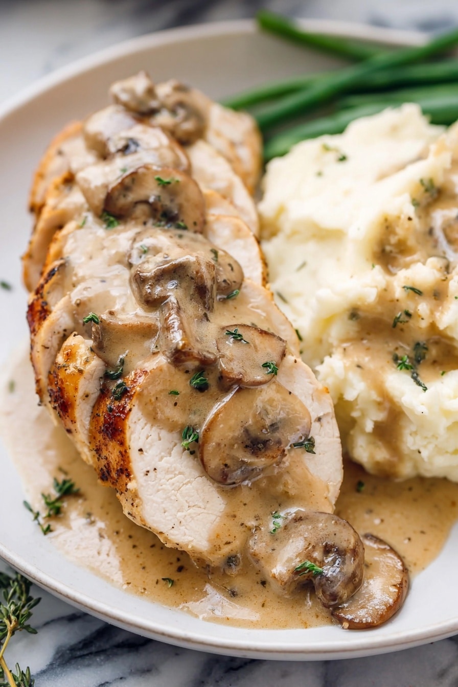 Chicken with Mushroom Sauce - A white plate holds a layered meal starting with slices of browned chicken with a firm white interior at the base. On top of the chicken, there is a creamy light brown sauce with large mushroom slices and small green herb pieces sprinkled over. To the right side of the plate, a serving of creamy mashed potatoes with bits of herbs in them sits partially covered with the sauce. The background shows a white marbled surface and some green vegetables are visible behind the chicken. photo taken with an iphone --ar 2:3 --v 7