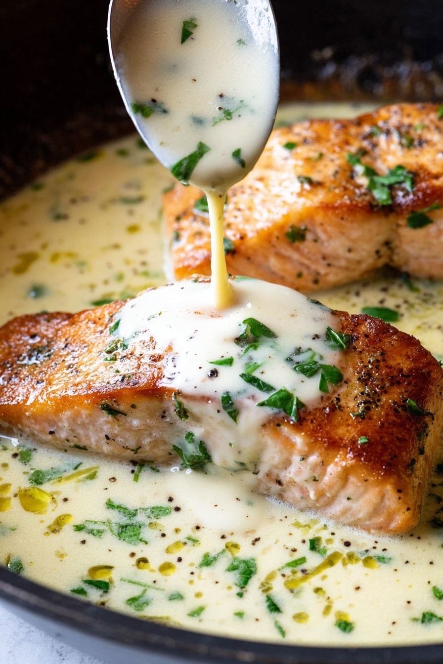 Garlic Butter Salmon - A close-up view of two cooked salmon fillets with a crispy golden-brown surface, lying flat in a white creamy sauce inside a pan. The sauce is being poured over the fillet from a spoon above, showing a smooth, thick texture with green herbs scattered throughout. Small chopped green parsley leaves and black pepper bits are sprinkled over the salmon and the sauce, adding color contrast. The background shows the dark edge of the pan, and the base beneath the pan is a white marbled texture. Photo taken with an iphone --ar 2:3 --v 7