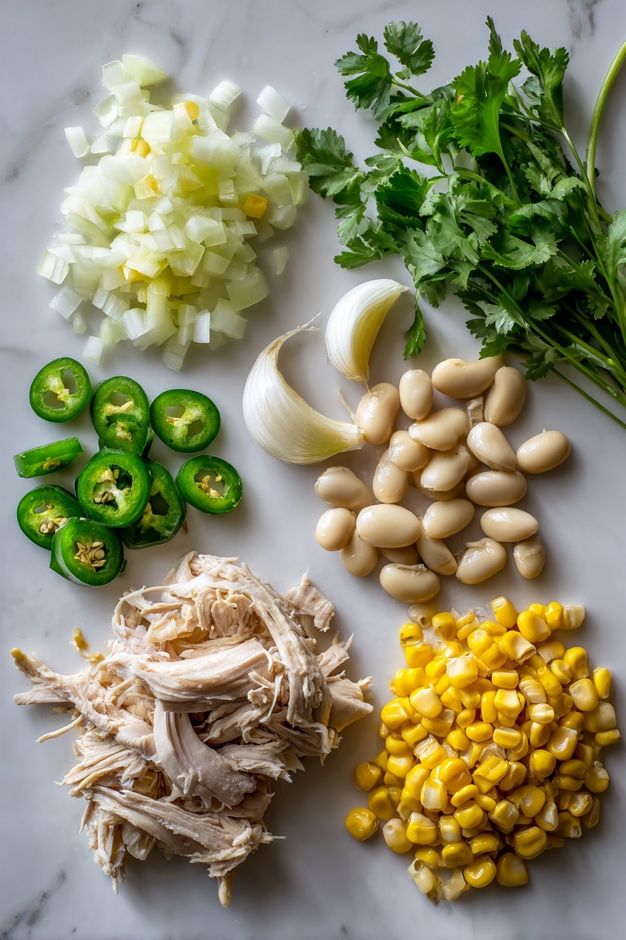White Chicken Chili - Flat lay of diced yellow onion with its translucent layers, two cloves of peeled garlic showing their smooth white surfaces, bright green diced chiles with a glossy texture, vibrant golden whole kernel corn glistening under the light, creamy white cannellini beans with a smooth finish, shredded rotisserie chicken showing tender, juicy fibers in warm beige tones, fresh cilantro sprigs with bright green feathery leaves, and sliced fresh jalapenos displaying shiny dark green skin and seeds inside, all beautifully arranged with a natural, slightly scattered layout that highlights their fresh textures and colors, placed on white marbled surface, photo taken with an iphone --ar 2:3 --v 7