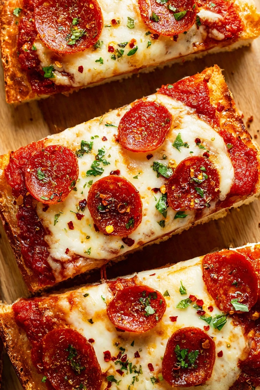 The image shows four slices of pepperoni pizza on a wooden board placed on a white marbled surface. Each slice has two or three red pepperoni circles on top. The pizza has a thick layer of melted yellowish-white cheese with some browned spots from baking. Small green herb pieces are sprinkled across the cheese on every slice. The crust is golden brown and crispy around the edges. A small clear glass bowl with red chili flakes is visible at the right edge of the image. photo taken with an iphone --ar 2:3 --v 7
