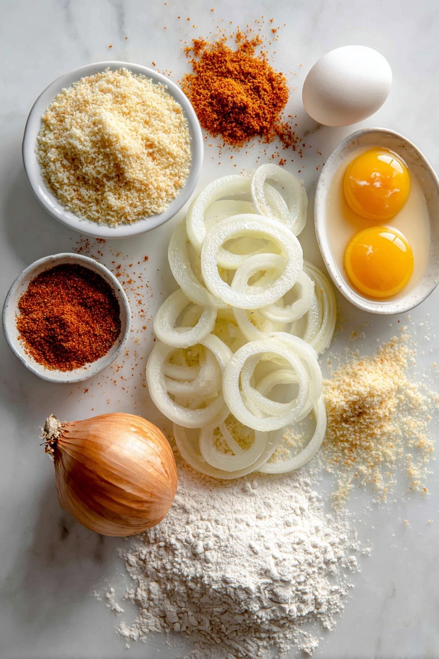Flat lay of large sweet onions sliced into thick rings, golden panko breadcrumbs, freshly grated parmesan cheese, bright paprika powder, fine garlic powder, pale all-purpose flour, smooth whole eggs cracked open with yolks visible, all beautifully arranged in small neat piles and gentle spills, placed on a white marble surface, photo taken with an iphone --ar 2:3 --v 7
