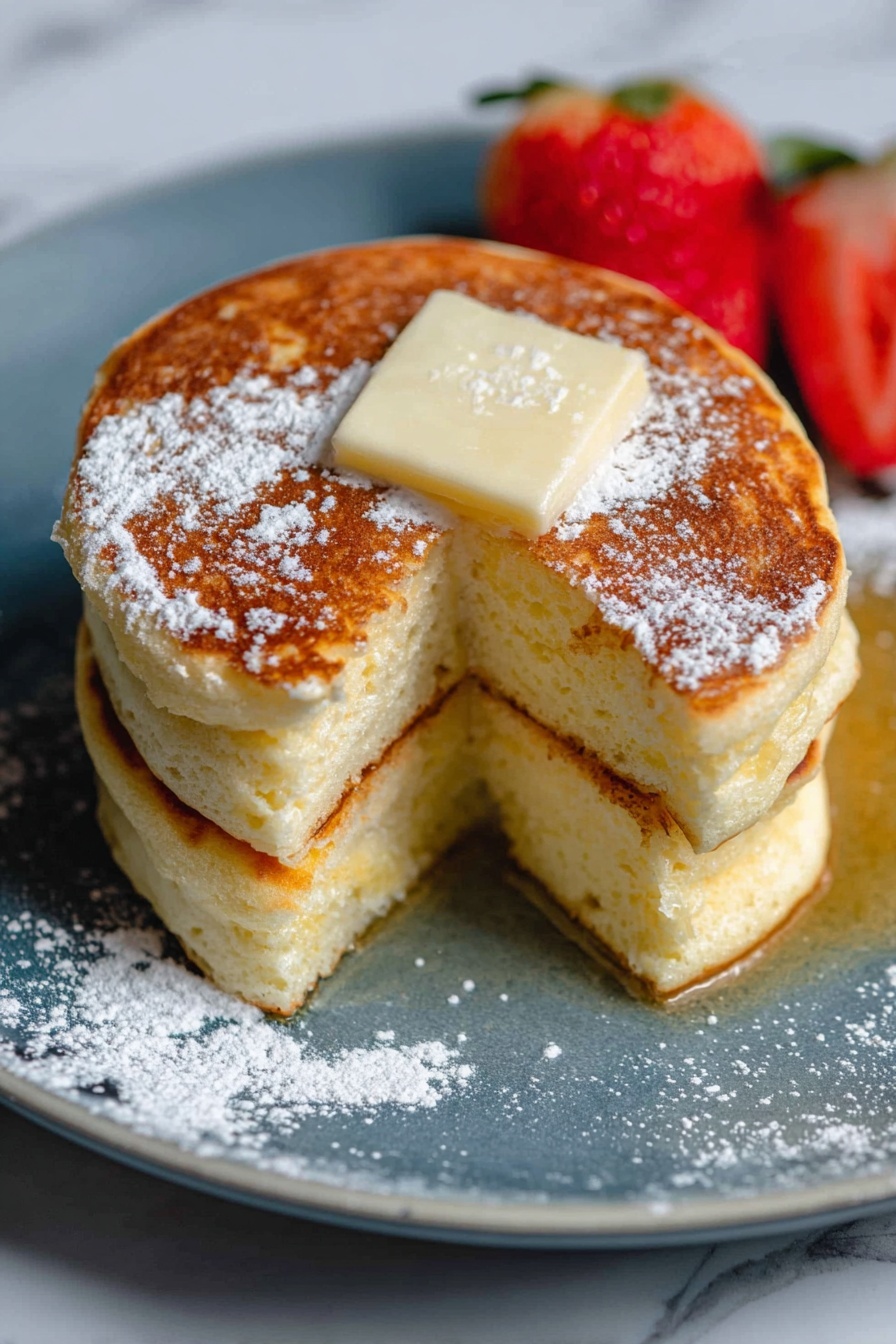 A stack of three thick, fluffy pancakes with a golden-brown top layer sits on a white plate, with a square of melting butter resting on the top pancake. The pancakes have a soft, light texture inside, visible where a slice is taken out from the side. Light powdered sugar is dusted over the top and around the plate. In the background, two halved fresh strawberries add a pop of red color. The plate is set on a white marbled surface. Photo taken with an iphone --ar 2:3 --v 7
