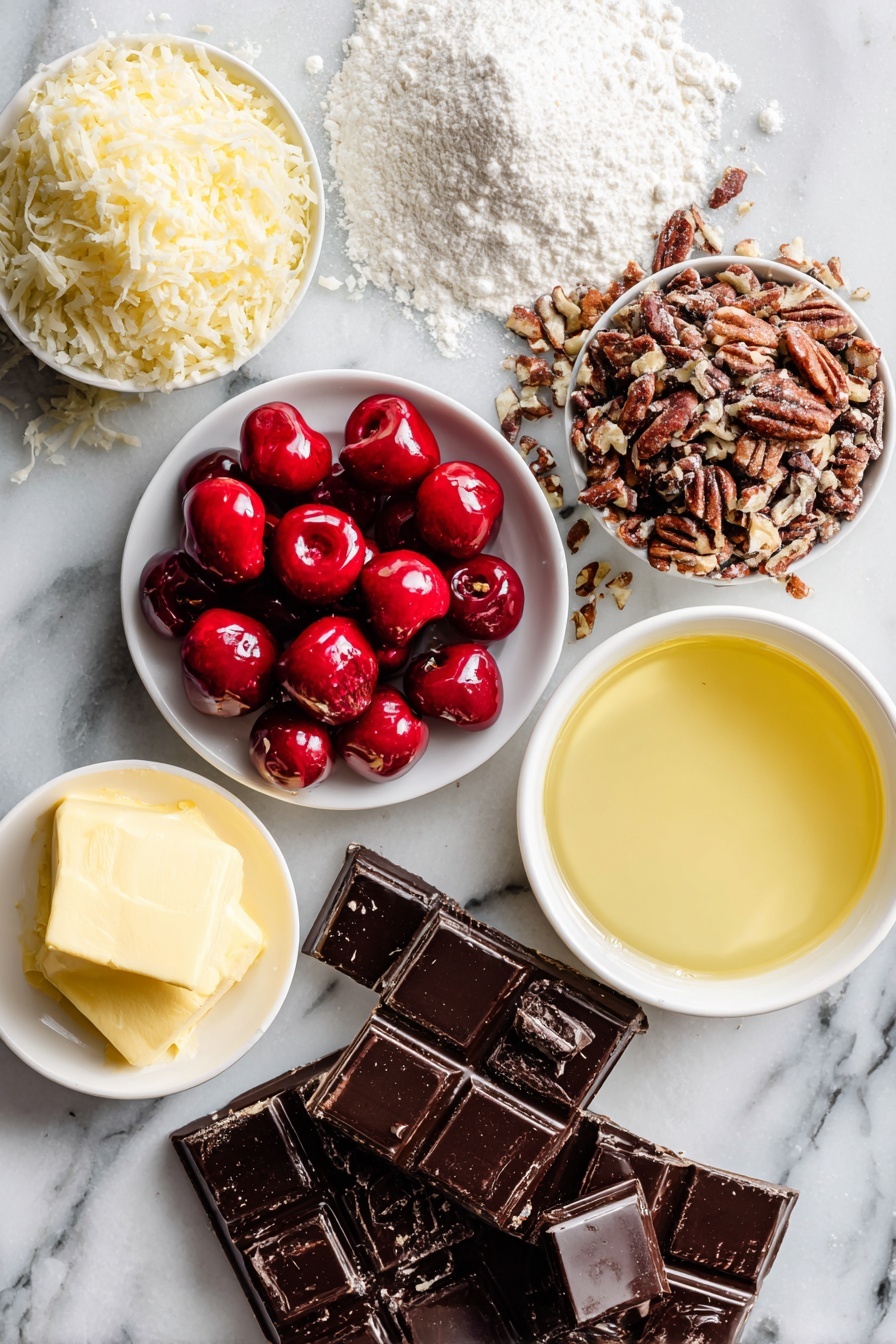 Flat lay of glossy maraschino cherries chopped into pieces, sweetened shredded coconut in a neat pile, a smooth pool of sweetened condensed milk, rich melted chocolate wafers with a shiny surface, a small heap of chopped pecans showing textured detail, sticks of golden melted butter glistening softly, and a mound of fine powdered sugar dusted lightly, arranged beautifully on a white marble surface, photo taken with an iphone --ar 2:3 --v 7
