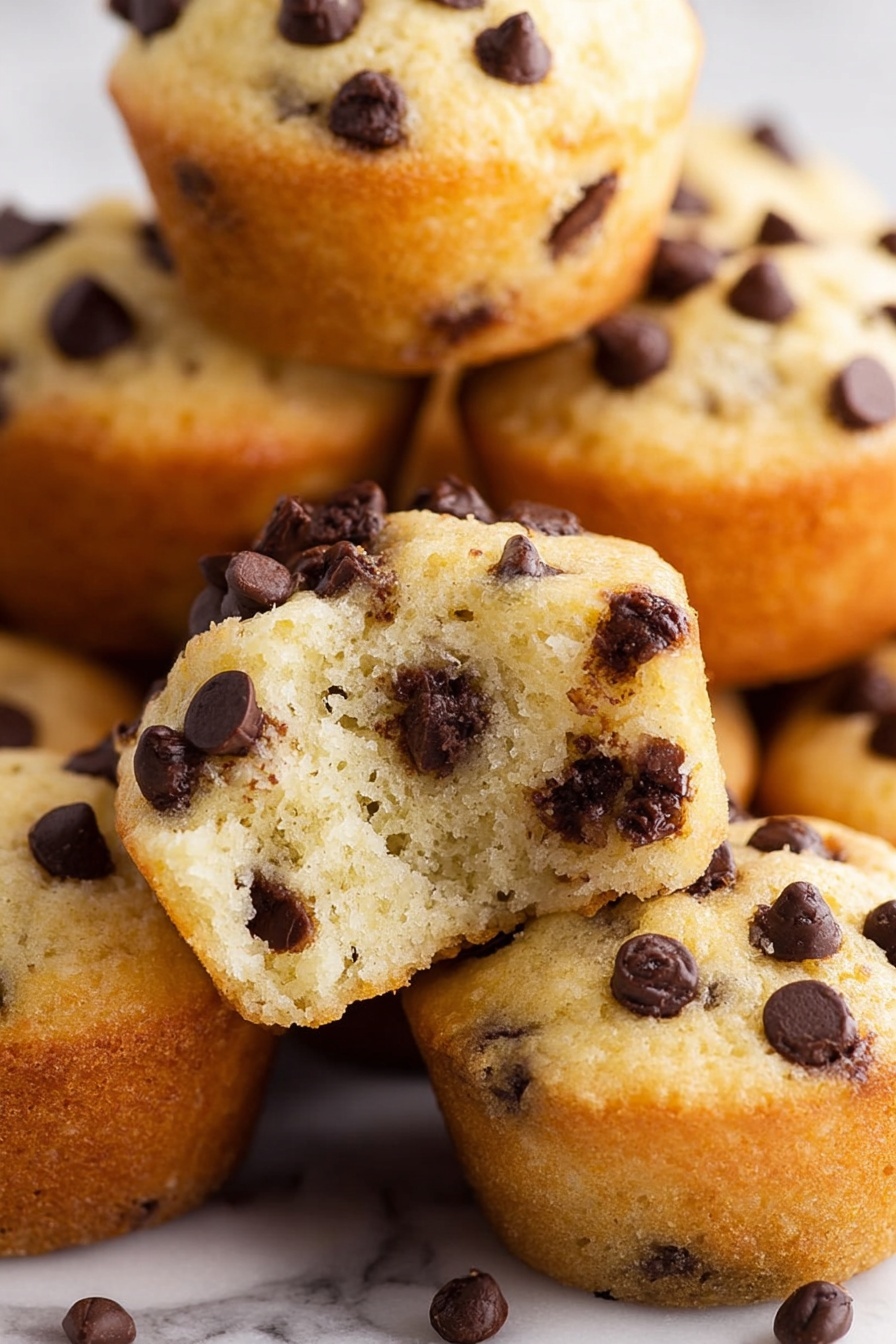 The image shows several small muffins with a light golden brown outer layer and a soft, pale yellow inside. Each muffin is dotted with many dark brown chocolate chips, some embedded inside and some on top. The muffins are stacked closely together on a white marbled surface, with one muffin in the front having a bite taken out, revealing a moist and fluffy texture inside. The chocolate chips on top are slightly shiny, and the muffins have a lightly textured surface. Photo taken with an iphone --ar 2:3 --v 7