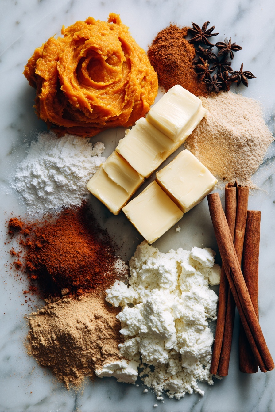 Flat lay of vibrant orange pumpkin puree dolloped beside golden light and dark brown sugars, warm cinnamon sticks scattered near a pile of mixed ground spices including nutmeg, ginger, allspice, and cloves, smooth blocks of butter resting alongside creamy white Greek yogurt, all beautifully arranged with a dusting of flour on a white marble surface, photo taken with an iphone --ar 2:3 --v 7