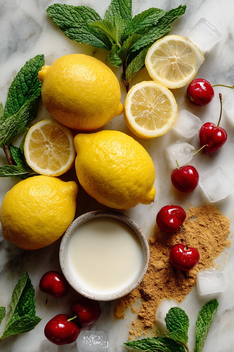Flat lay of fresh whole lemons and bright lemon slices showing vibrant yellow zest, a small pile of golden honey glistening under light, loosely scattered ice cubes sparkling clear, a splash of creamy white coconut milk in a gentle swirl, delicate fresh green mint leaves adding a pop of color, a few shiny maraschino cherries with their bright red sheen, and a small heap of warm light brown ground ginger powder, all beautifully arranged on a white marble surface, photo taken with an iphone --ar 2:3 --v 7