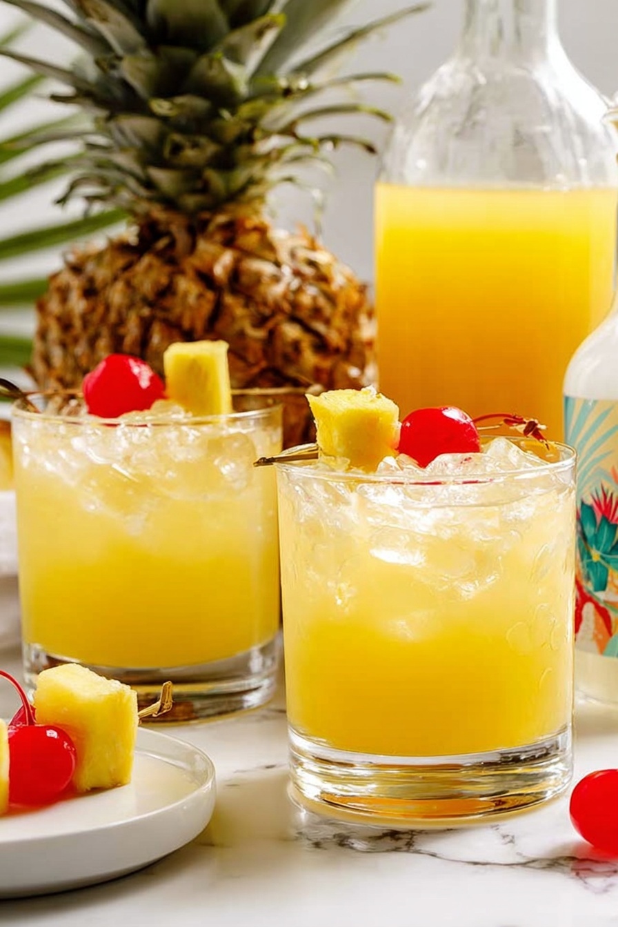 The image shows two clear short glasses filled with yellow-orange liquid and ice cubes. Each glass has a skewer on top holding a bright yellow pineapple chunk and a shiny red cherry. The glasses sit on a white marbled surface with a white plate nearby holding another pineapple chunk and cherry skewer. Behind the drinks is a whole pineapple and a large clear pitcher filled with the same yellow-orange liquid. In the background, there is a white bottle with a colorful tropical label. Bright lighting highlights the fresh and tropical feel of the drink setup. photo taken with an iphone --ar 2:3 --v 7