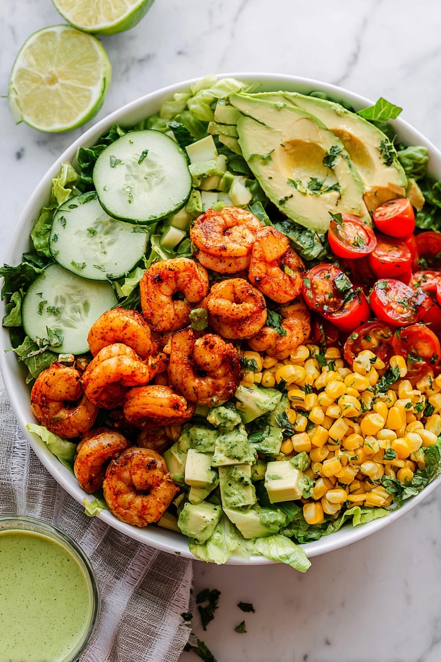 In a white bowl on a white marbled surface with a pink cloth under it, there is a colorful layered salad. The bottom layer is green leafy lettuce, topped with sections of yellow corn kernels, red cherry tomato halves, and green cucumber slices arranged around the bowl. In the center, there are seasoned cooked shrimp with an orange-red color. On top of the shrimp and vegetables, there are slices of light green avocado and a sprinkle of fresh chopped herbs. A woman's hand holds a spoon pouring a green creamy dressing over the shrimp and salad. In the background, there are two clear glasses with water. Photo taken with an iphone --ar 2:3 --v 7