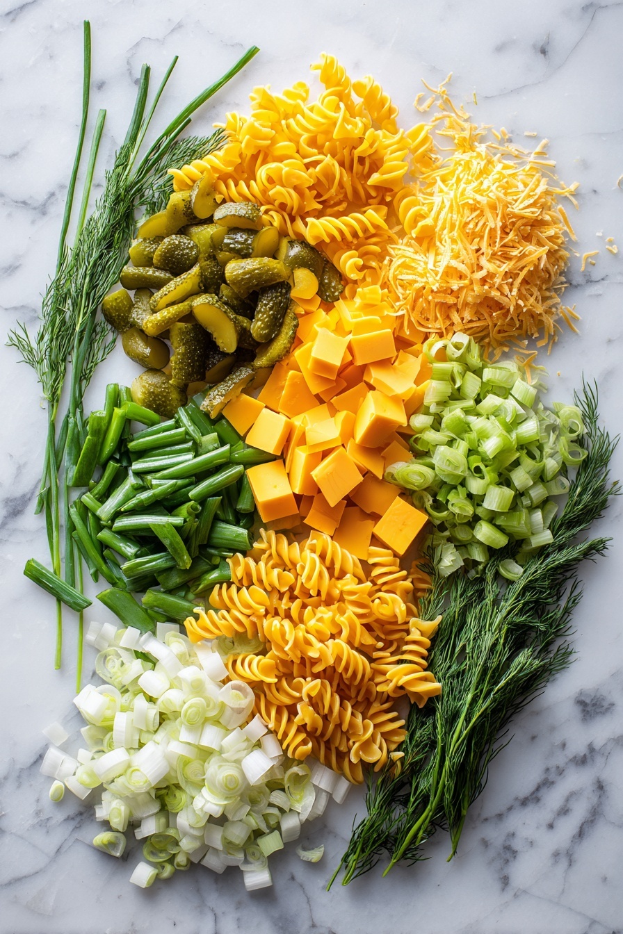 Flat lay of twisted rotini pasta, bright green baby dill pickles sliced thin, cubes of sharp cheddar cheese in rich orange-yellow, finely chopped sweet yellow onion, sliced fresh green onions, and sprigs of vibrant fresh dill, all beautifully arranged in a natural, colorful spread placed on a white marble surface, photo taken with an iphone --ar 2:3 --v 7