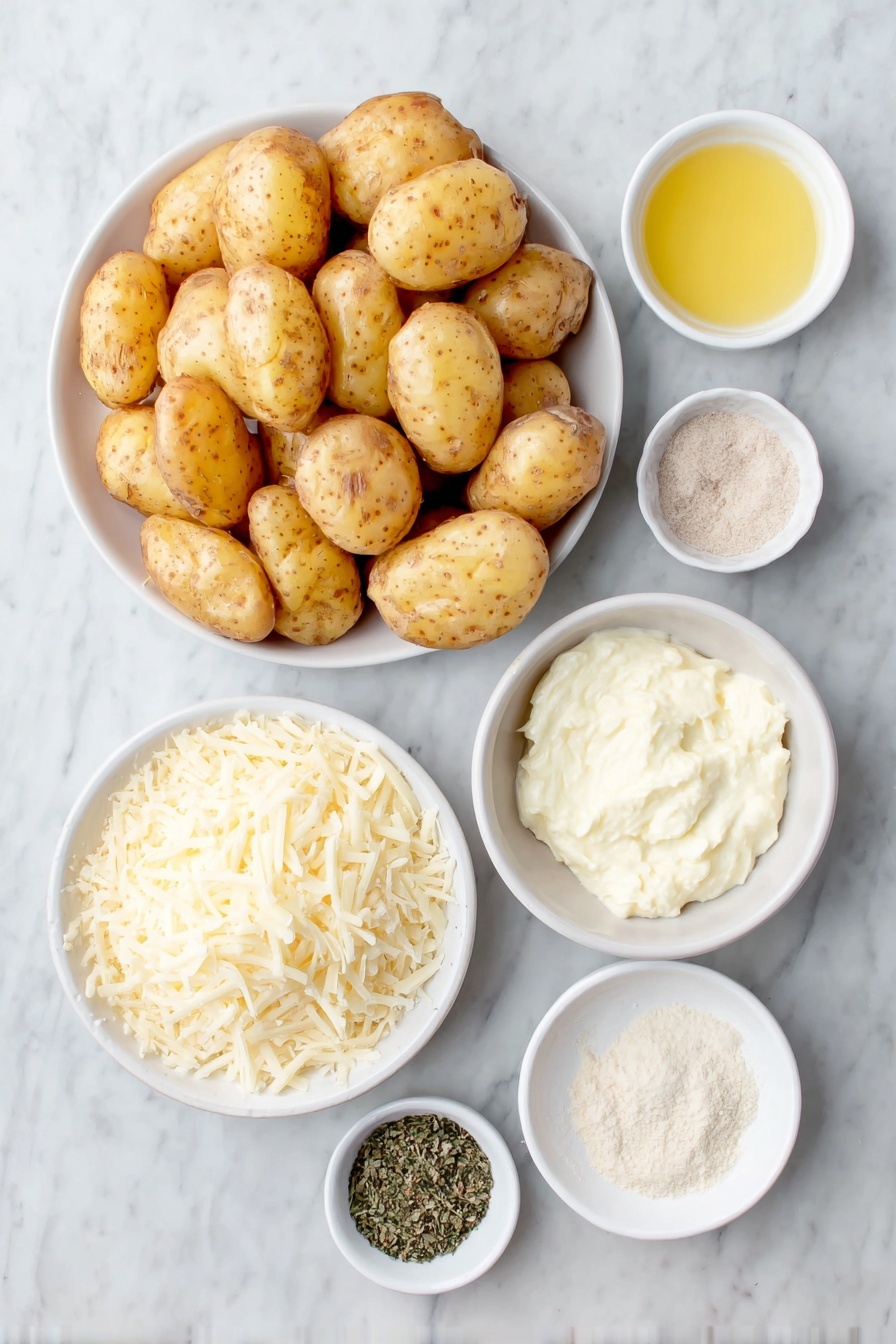 Flat lay of halved baby potatoes with smooth yellowish skins, a small white ceramic bowl of melted golden butter, a neat mound of finely grated pale Parmesan cheese, a small white bowl containing dried oregano leaves, another small white bowl with light beige garlic powder, a small white bowl of off-white onion powder, a tiny pinch of fine white salt in a white bowl, a small white bowl with freshly cracked black peppercorns, and a small white bowl filled with creamy ranch dip placed evenly around, all arranged with perfect symmetry on a clean white marble surface, soft natural light, photo taken with an iPhone, professional food photography style, fresh ingredients, white ceramic bowls, no bottles, no duplicates, no utensils, no packaging --ar 2:3 --v 7 --p awthu7i m7354615311229779997