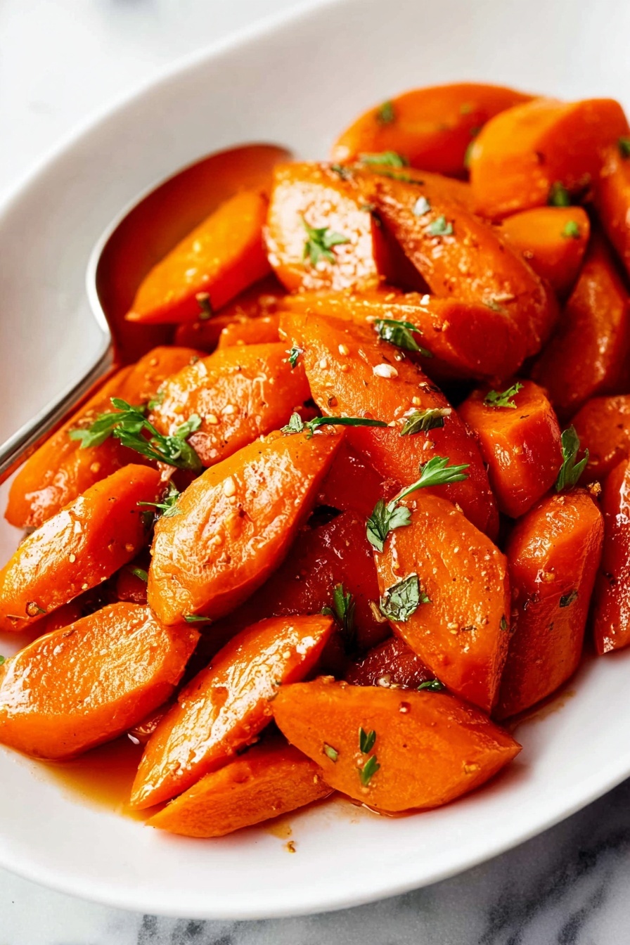 A white plate piled with bright orange cooked carrot pieces, each cut into thick, uneven chunks and covered in a shiny glaze with tiny bits of seasoning. Small green parsley leaves are scattered across the carrots, adding contrast. A silver spoon is partially visible at the edge of the plate, resting on a white marbled surface. The carrots look soft and well-coated, showing some texture on their surfaces. photo taken with an iphone --ar 2:3 --v 7