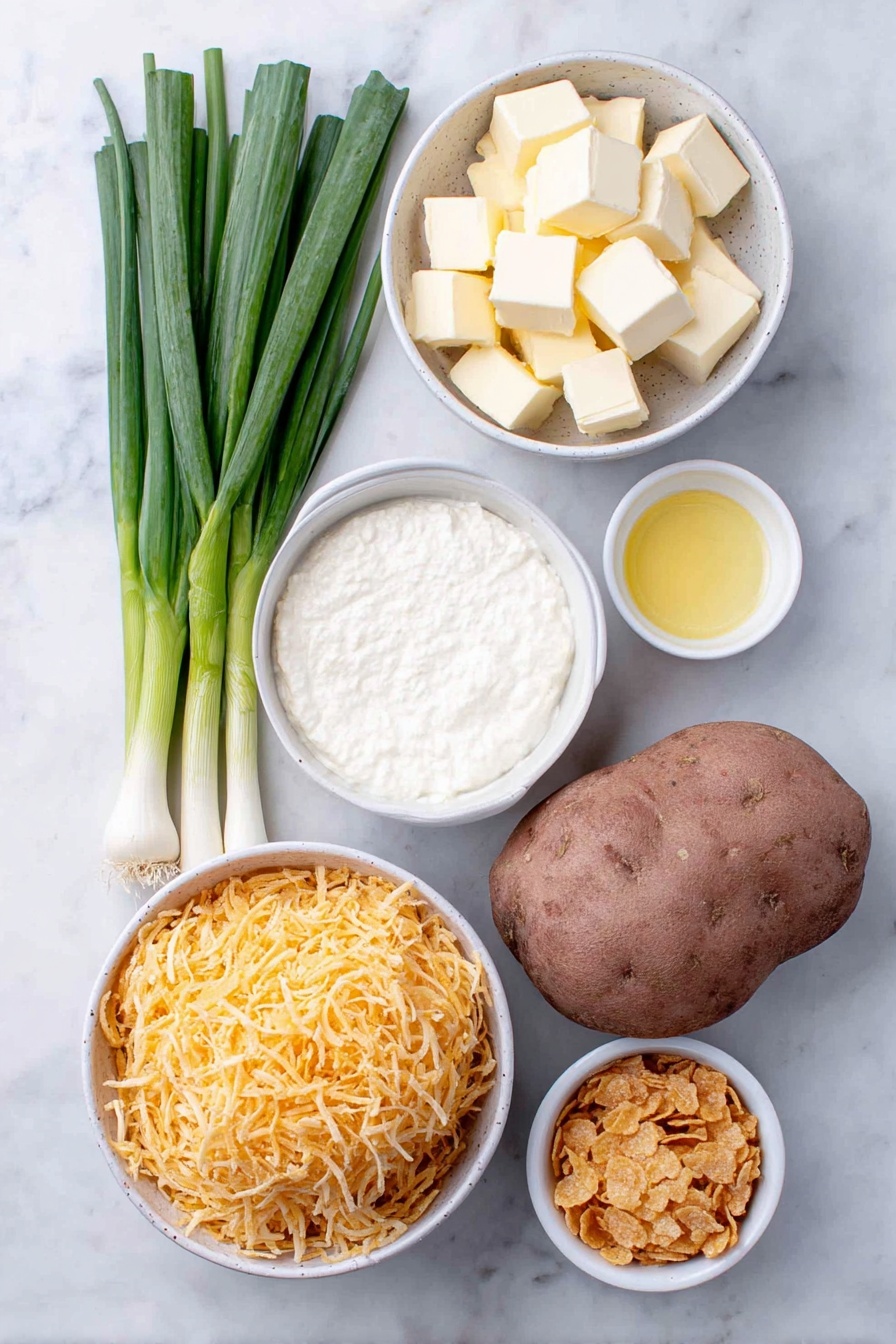 Flat lay of a small white ceramic bowl of pale yellow butter cubes, a bunch of fresh green onions with crisp green tops and white bulbs, a small white ceramic bowl of thick creamy sour cream, a small white ceramic bowl of smooth cream of chicken soup, a neat pile of bright orange shredded sharp cheddar cheese, a mound of natural frozen shredded potatoes with frost lightly dusting the strands, a small white ceramic bowl of golden melted butter, and a small white ceramic bowl filled with lightly crushed golden corn flakes, all arranged symmetrically on a clean white marble surface, soft natural light, photo taken with an iPhone, professional food photography style, fresh ingredients, white ceramic bowls, no bottles, no duplicates, no utensils, no packaging --ar 2:3 --v 7 --p awthu7i m7354615311229779997