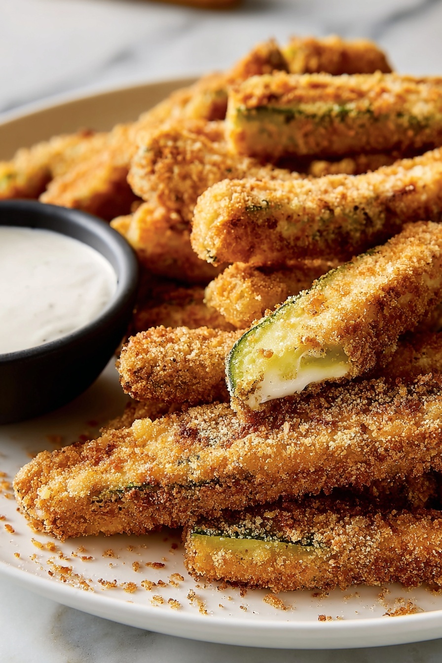 A white plate filled with golden brown, crispy fried sticks, all piled closely together in layers. Each stick has a crunchy texture with some light seasoning sprinkled on top. On the left side of the plate, a small black bowl holds a smooth, creamy white dipping sauce with little specks of herbs. The plate is set on a white marbled surface with a striped cloth in the background. photo taken with an iphone --ar 2:3 --v 7