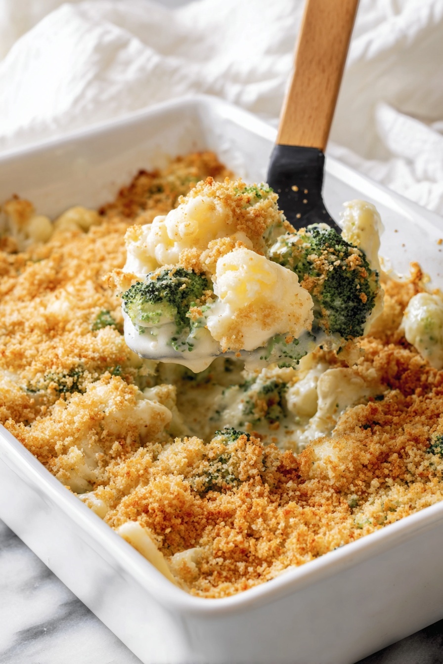 The image shows a white square baking dish filled with a casserole that has a golden brown, crumbly topping layer covering creamy, white sauce-coated broccoli and cauliflower florets underneath. A black spatula with a wooden handle is lifting a portion of the casserole, showing the thick, creamy texture of the sauce and green broccoli mixed with white cauliflower below the crunchy topping. The dish is placed on a white marbled surface with a soft white cloth in the background. photo taken with an iphone --ar 2:3 --v 7