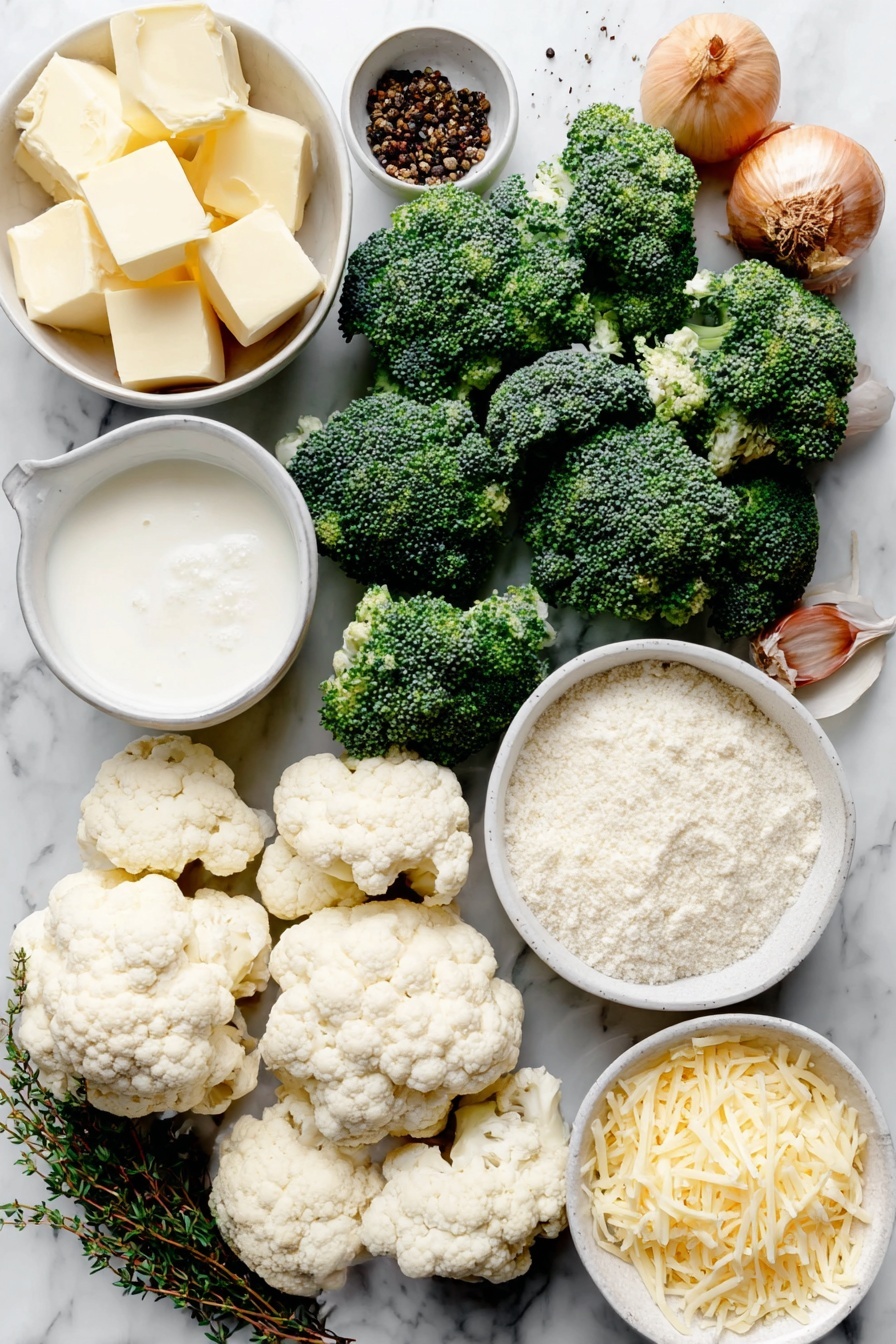 Flat lay of fresh broccoli florets cut into 1-inch pieces, fresh cauliflower florets cut into 1-inch pieces, diced white onion, whole uncracked brown garlic bulbs alongside minced garlic cloves, a small white ceramic bowl of golden butter cubes, a small white ceramic bowl of all-purpose flour, a small white ceramic bowl of milk, fresh thyme sprigs, a small white ceramic bowl of coarse salt, a small white ceramic bowl of whole black peppercorns, shredded sharp cheddar cheese piled neatly, shredded parmesan cheese in a small mound, a small white ceramic bowl filled with plain bread crumbs, a small white ceramic bowl containing garlic powder, a small white ceramic bowl with melted butter, all arranged symmetrically and balanced on a clean white marble surface, soft natural light, photo taken with an iPhone, professional food photography style, fresh ingredients, white ceramic bowls, no bottles, no duplicates, no utensils, no packaging --ar 2:3 --v 7 --p awthu7i m7354615311229779997