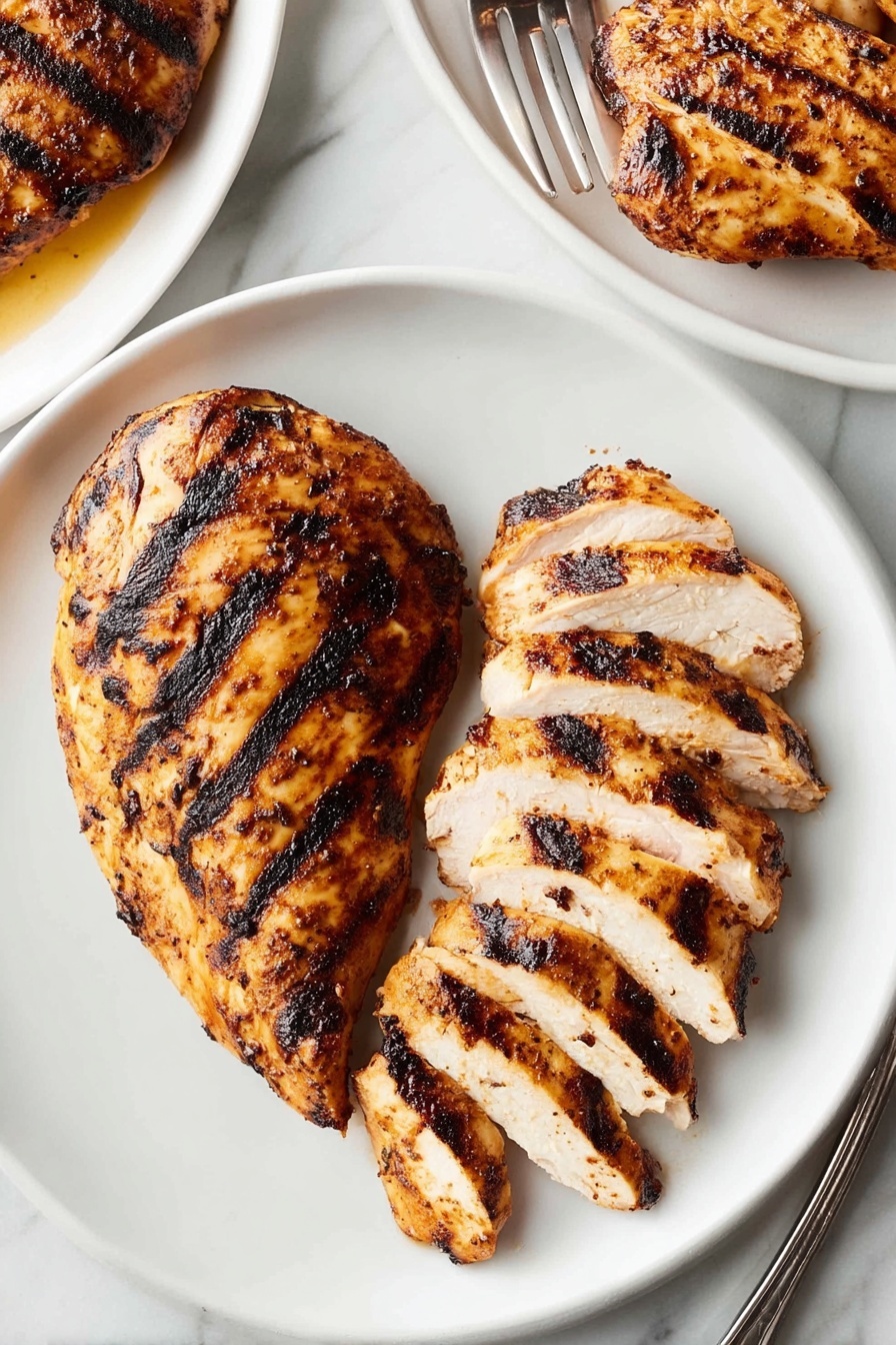 The image shows a white plate with two pieces of grilled chicken. One piece is whole with clear dark grill marks running across its golden-brown surface. The other piece is sliced into seven thick, even slices, revealing the juicy, white inner meat with a charred outer layer. The plate sits on a white marbled surface with a partial view of another white plate holding more chicken above it. A silver fork is placed at the bottom right corner of the image. photo taken with an iphone --ar 2:3 --v 7