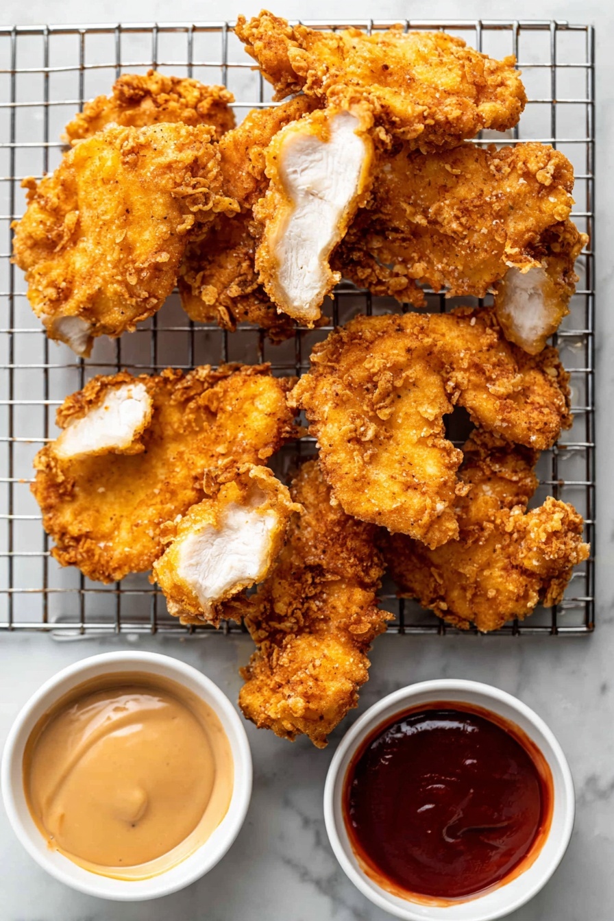 Two pieces of crispy fried chicken are held by a woman's hands, both pieces broken open to show the white, tender inside meat. The outer layer is golden brown and crunchy with a rough texture. In the background, more fried chicken pieces are piled on a white plate, all on a white marbled surface. The lighting is bright and natural, highlighting the contrast between the crunchy outside and soft inside of the chicken. photo taken with an iphone --ar 2:3 --v 7