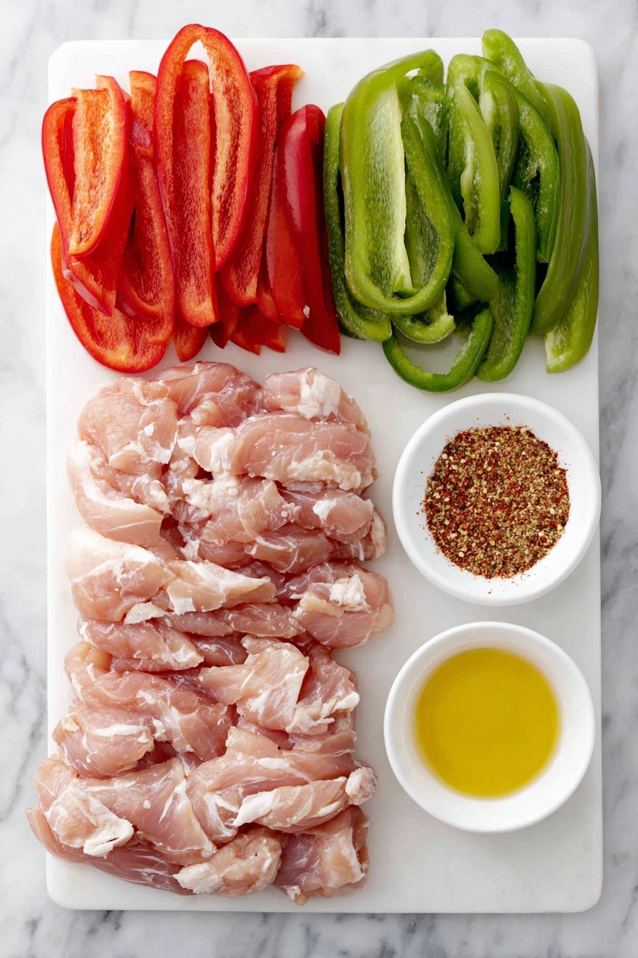 Flat lay of two large raw chicken breasts sliced into thick strips, half a large fresh red bell pepper cut into strips, half a large green bell pepper cut into strips, one large red onion quartered into thick slices, a small white ceramic bowl filled with golden olive oil, a small white ceramic bowl containing a mixture of colorful fajita seasoning spices, all arranged symmetrically on a clean white marble surface, soft natural light, photo taken with an iPhone, professional food photography style, fresh ingredients, white ceramic bowls, no bottles, no duplicates, no utensils, no packaging --ar 2:3 --v 7 --p awthu7i m7354615311229779997