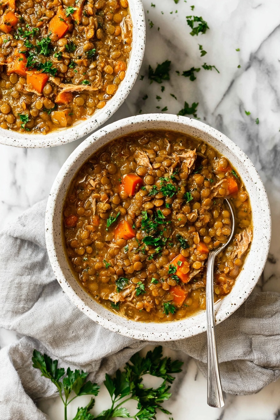 Two white bowls filled with a thick lentil stew sit on a white marbled surface. The stew has many brown lentils mixed with shredded light brown meat and orange carrot chunks. Small green parsley leaves are sprinkled on top of the stew, adding a fresh pop of color. The bowls have a speckled pattern around the edge. A light gray cloth is beneath the bowls, and two old silver spoons rest beside one bowl. Some green parsley sprigs are scattered on the marbled surface nearby. photo taken with an iphone --ar 2:3 --v 7
