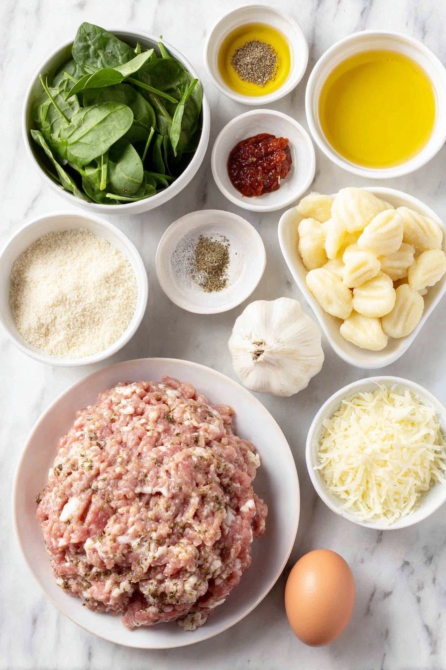 Flat lay of ground chicken in a neat mound, a small white ceramic bowl of plain breadcrumbs, a small white ceramic bowl filled with finely grated Parmesan cheese, three whole uncracked garlic cloves, one whole uncracked brown egg, a small white ceramic bowl of Italian seasoning herbs, a small white ceramic bowl of onion powder, a small white ceramic bowl of coarse salt, a small white ceramic bowl of cracked black pepper, a small white ceramic bowl with sun-dried tomato oil showing a rich reddish hue, half a fresh yellow onion finely diced on a simple white ceramic plate, a small white ceramic bowl of white cooking wine, two cups fresh bright green spinach leaves on a white ceramic plate, half a cup of sun-dried tomatoes with vibrant deep red color on a white ceramic plate, a small white ceramic bowl of heavy cream, and a portion of soft, pillowy gnocchi pasta arranged loosely on a simple white ceramic plate, all placed on a clean white marble surface, soft natural light, photo taken with an iPhone, professional food photography style, fresh ingredients, white ceramic bowls, no bottles, no duplicates, no utensils, no packaging --ar 2:3 --v 7 --p awthu7i m7354615311229779997