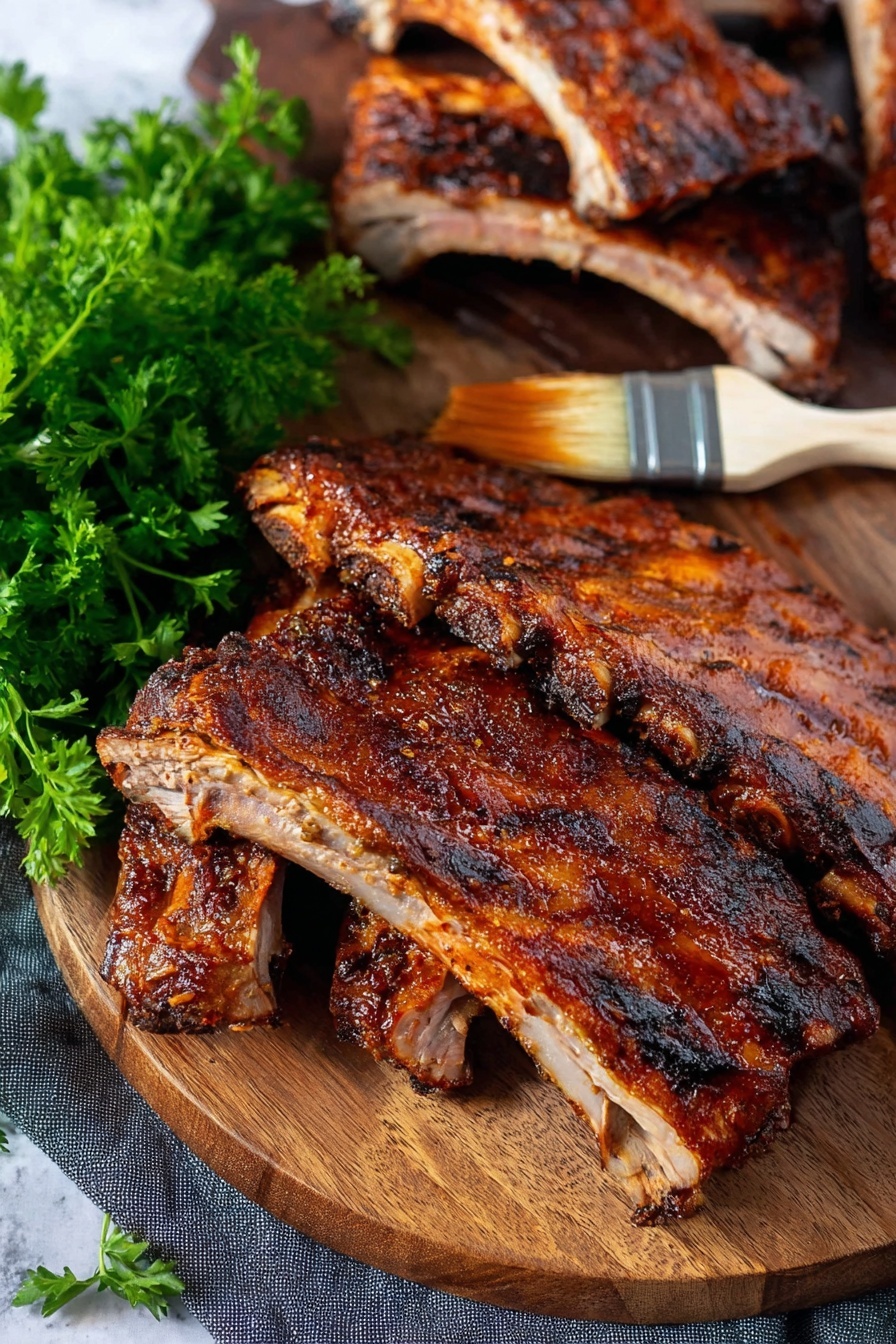 A round wooden board holds two layers of grilled ribs with a rich brown color and charred spots, the ribs in the top layer slightly angled. A white brush with brown sauce rests near the board, partially on a dark gray cloth. Behind the board, a pile of ribs rests on another dark wooden board, showing the bones. On the left side, a large bunch of fresh green parsley adds a splash of color. The background features a white marbled texture photo taken with an iphone --ar 2:3 --v 7