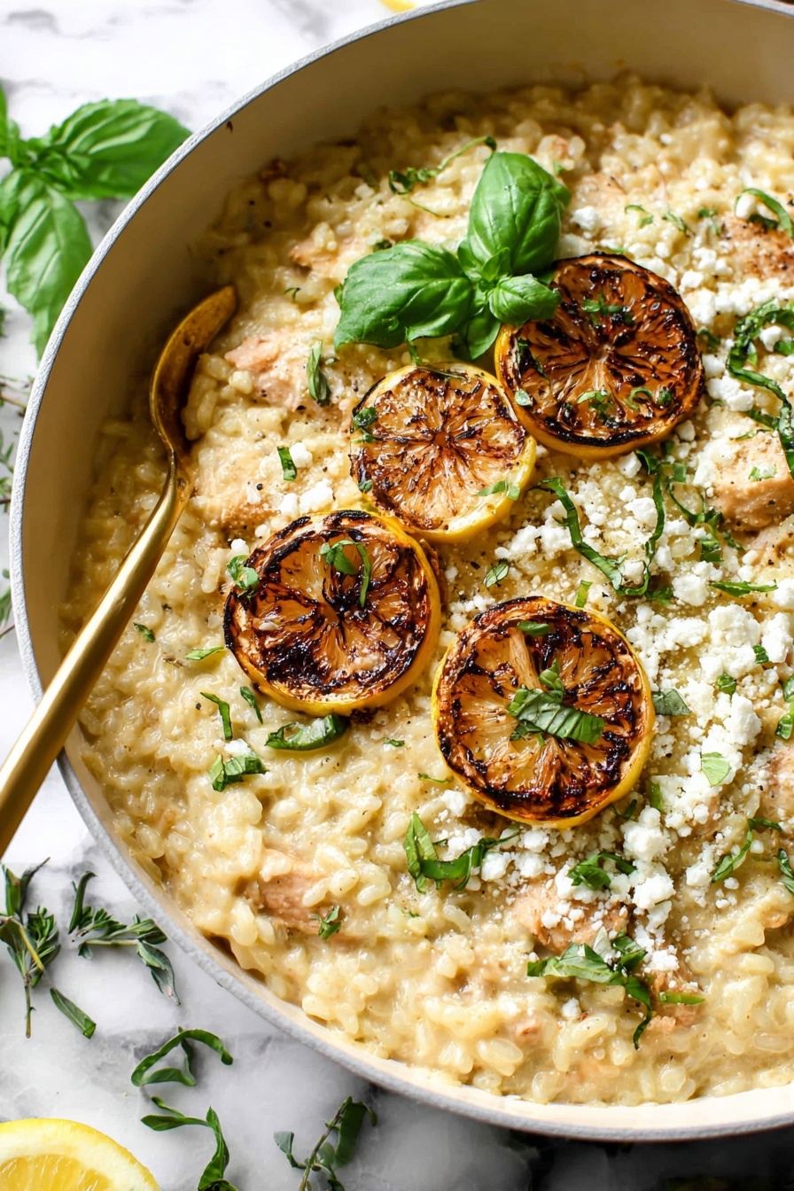 A close-up of a creamy risotto dish in a white pan with a light beige color base mixed with small pieces of chicken or meat. On top, there are three grilled lemon slices with a slightly charred brown crust, sprinkled with crumbled white cheese and chopped fresh green herbs. A few basil leaves sit near the lemon slices, adding bright green color. A gold spoon rests on the left side, partly in the risotto. The background is a white marbled surface with scattered green herb leaves. Photo taken with an iphone --ar 2:3 --v 7