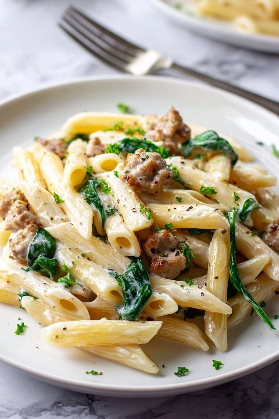 Creamy Italian Sausage Pasta - A white plate holds a serving of penne pasta mixed with small pieces of browned sausage and fresh green spinach leaves, all coated in a creamy white sauce with specks of black pepper and chopped herbs sprinkled on top. A silver fork rests on the right side of the plate. In the background, there is another white plate with plain penne pasta slightly out of focus, and a small white bowl filled with mixed peppercorns. The scene is set on a white marbled surface with a striped cloth napkin on the left side. photo taken with an iphone --ar 2:3 --v 7
