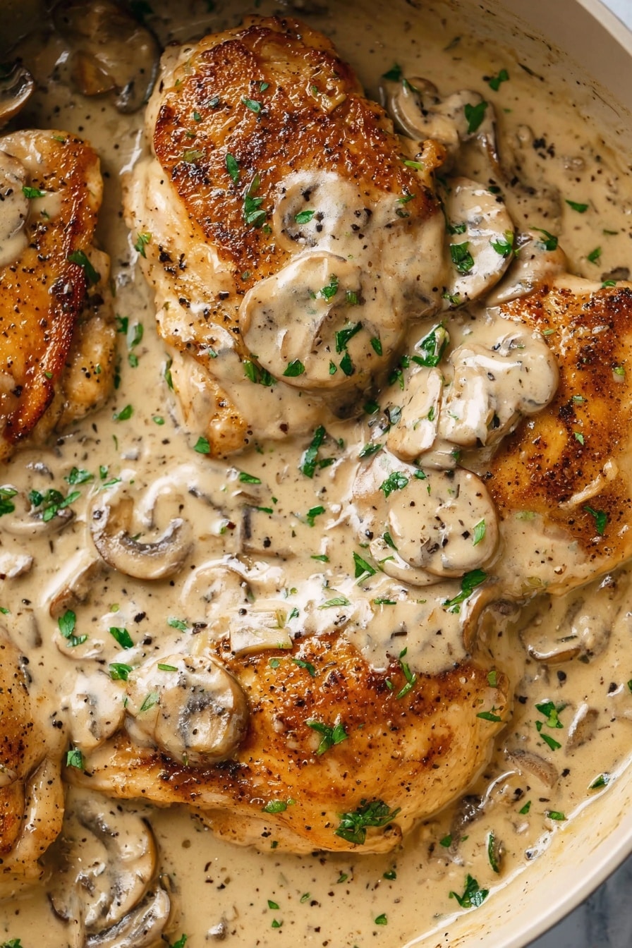 Chicken with Mushroom Sauce - The image shows four cooked golden-brown chicken pieces covered with a thick, creamy mushroom sauce. The sauce has a light beige color with visible slices of mushrooms and small bits of black pepper. The chicken and sauce fill the frame, giving a close-up view of the texture, with fresh green herb bits sprinkled on top for contrast. The background is a white marbled texture. Photo taken with an iphone --ar 2:3 --v 7