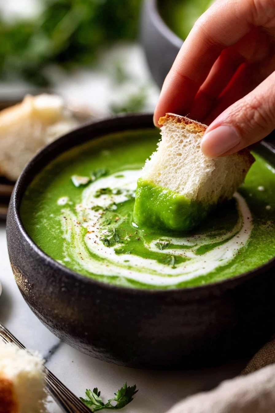 Green Goddess Soup - Three white bowls hold a thick, bright green soup with a smooth texture. Each bowl has a swirl of white cream on the top, decorated with small sunflower seeds and drops of golden olive oil. One bowl has a silver spoon placed inside. The bowls sit on a soft grey cloth with a zigzag pattern, surrounded by fresh green kale leaves and pieces of light beige bread with soft insides. The background is a white marbled surface. photo taken with an iphone --ar 2:3 --v 7