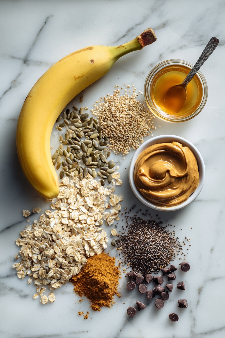 Flat lay of a ripe medium banana, a generous pile of traditional rolled oats, a small heap of mixed sunflower, pumpkin, and flax seeds, a tablespoon of tiny chia seeds, a smooth swirl of natural runny peanut butter, a drizzle of golden honey, a scattering of cinnamon powder, and a few mini dark chocolate chips artfully sprinkled, placed on a white marble surface, photo taken with an iphone --ar 2:3 --v 7