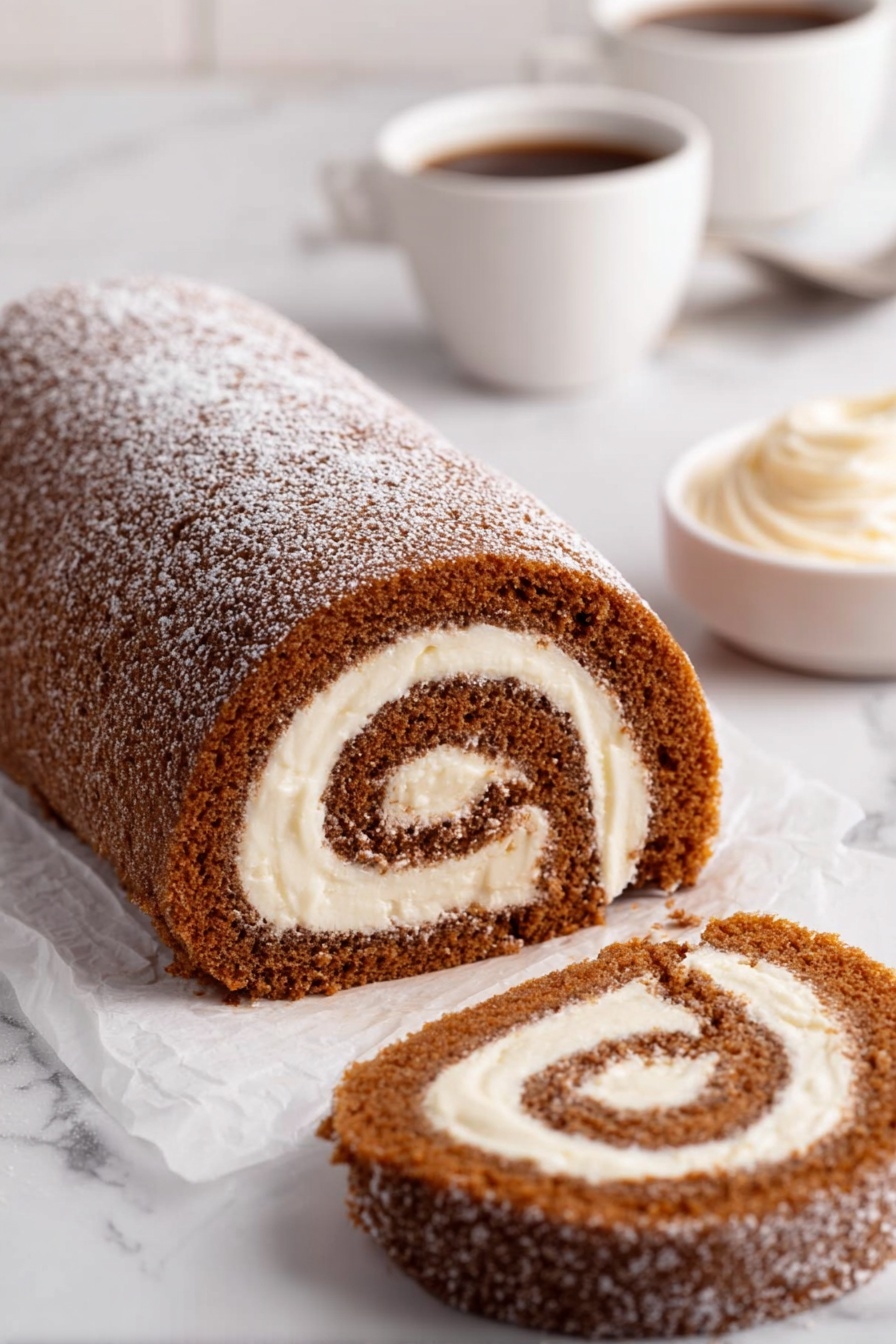 The image shows a rolled cake with two main layers: the outer layer is a brown sponge with a soft texture, and the inside is filled with a thick, creamy white layer that spirals tightly around the cake. The cake's surface is lightly dusted with powdered sugar. It sits on white parchment paper placed on a white marbled surface. In the background, there are two white cups filled with a dark liquid and a white bowl containing a cream-like substance. A sliced piece of the cake lies in front of the roll, showing the same spiral pattern of brown and white layers. photo taken with an iphone --ar 2:3 --v 7