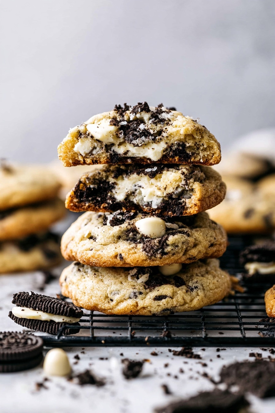 A stack of four cookies sits on a black cooling rack over a white marbled surface, each cookie showing a soft texture with visible chunks of white chocolate and dark cookie pieces mixed throughout. The top cookie is broken in half, revealing a creamy, slightly melted white chocolate layer inside. Around the rack and on the surface are scattered broken dark sandwich cookie pieces. The background is blurred, keeping the stack of cookies as the main focus. Photo taken with an iphone --ar 2:3 --v 7