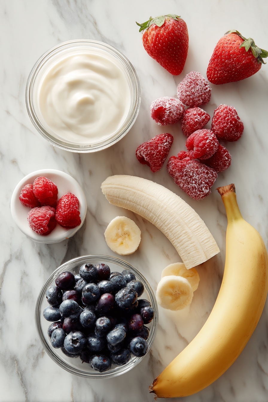 Flat lay of a ripe banana sliced in half, a small pile of frozen strawberries, frozen blueberries, and frozen raspberries scattered loosely, a small bowl of creamy plain Greek yogurt, and a clear glass jug of unsweetened almond milk beautifully arranged on a white marble surface, photo taken with an iphone --ar 2:3 --v 7
