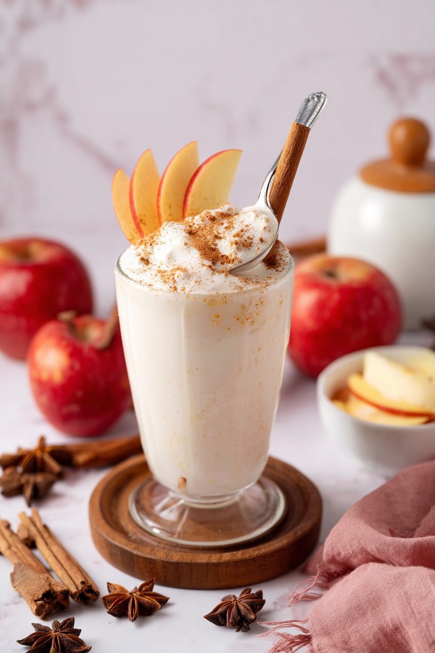 A tall clear glass filled with a creamy white drink topped with a thick layer of white foam sprinkled with light brown cinnamon powder. On top of the foam, there is a cinnamon stick placed vertically and three thin, triangular slices of apple with red edges arranged like a fan. A silver spoon holding some of the foam is lifted just above the glass. The glass sits on a round wooden coaster. Around the glass, there are red apples, cinnamon sticks, star anise, and a small white bowl with apple slices on a white marbled surface. A pink cloth is partially visible to the right, and a white jar with a wooden knob is in the background. photo taken with an iphone --ar 2:3 --v 7