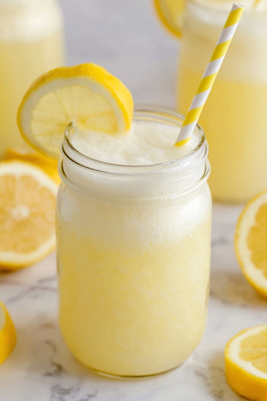 A clear glass jar filled with a pale yellow, frothy lemonade with a smooth foam layer on top. A thin slice of lemon is placed on the rim of the jar, and a white and yellow striped straw is inserted into the drink. The jar sits on a white marbled surface, and there are blurred lemon slices and similar jars in the soft background. photo taken with an iphone --ar 2:3 --v 7
