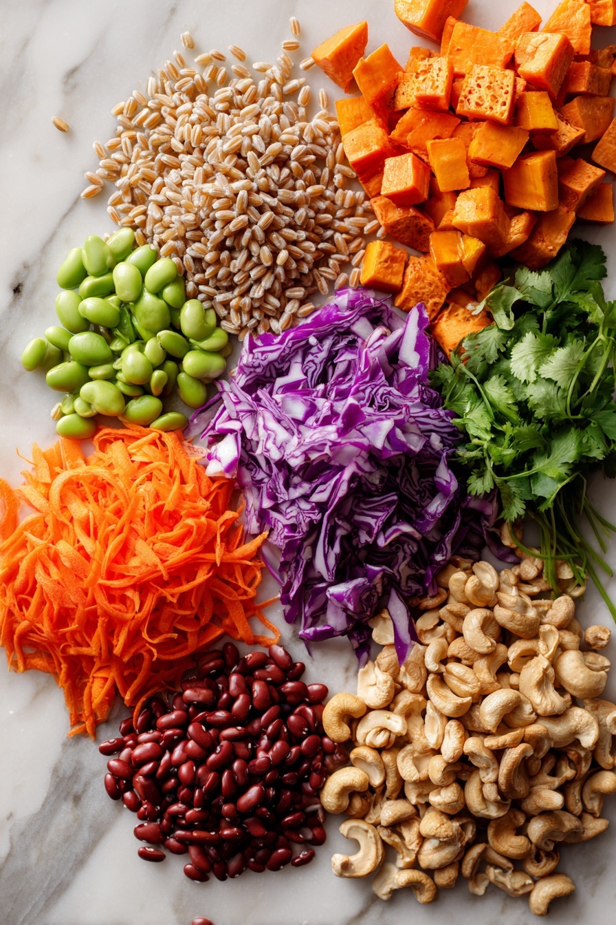 Flat lay of uncooked pearled farro grains, diced roasted sweet potato cubes with a golden edge, vibrant shredded red cabbage, bright orange shredded carrots, chopped fresh green onions, sprigs of green cilantro, shelled pale green edamame beans, glossy red adzuki beans, and a small pile of roasted cashews, all neatly arranged in colorful clusters on a white marble surface, photo taken with an iphone --ar 2:3 --v 7