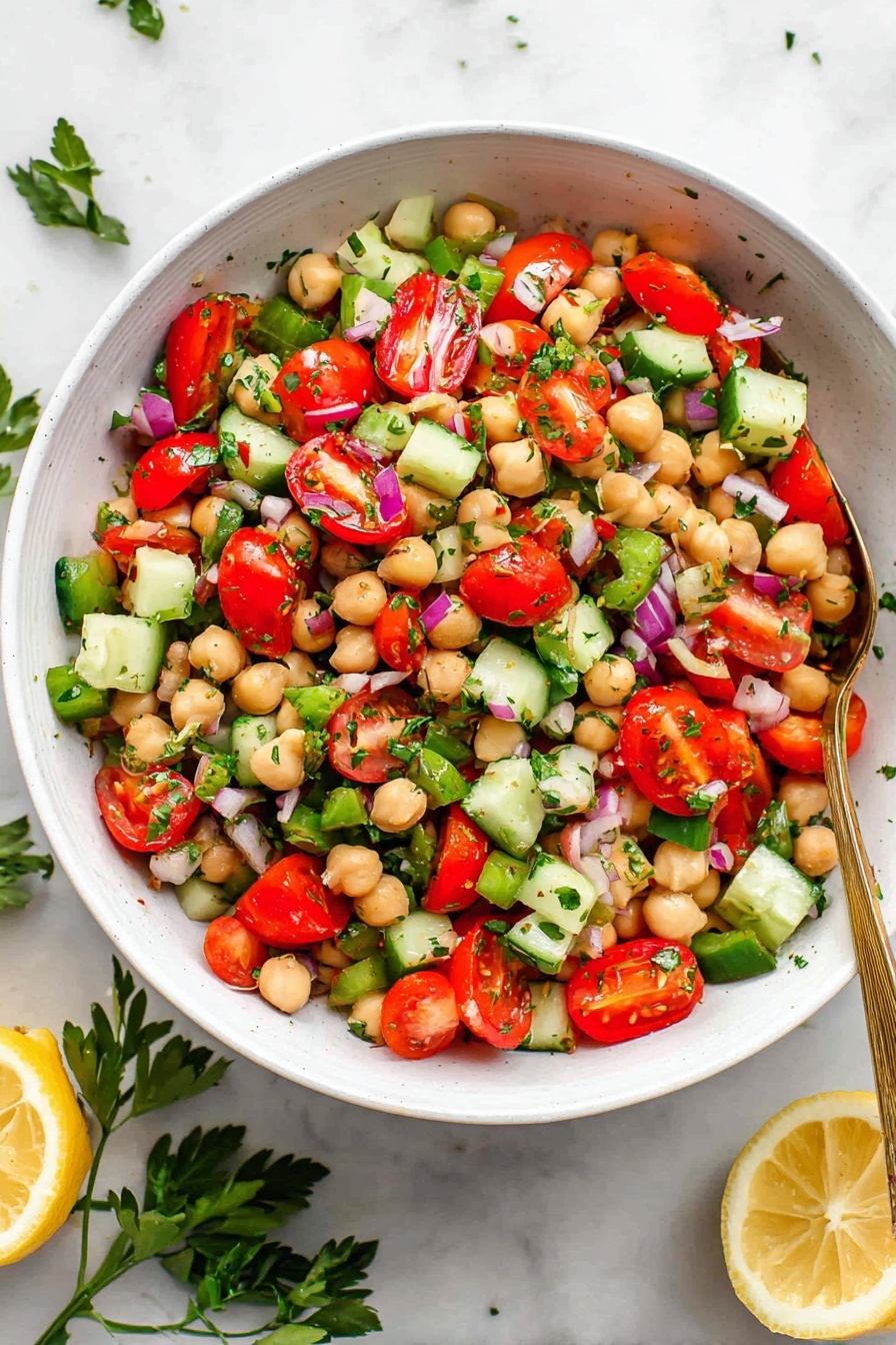 A white bowl filled with a fresh salad showing four main layers mixed together: beige chickpeas scattered all over, bright red halved cherry tomatoes, green cucumber chunks and green bell pepper pieces, and small pieces of purple onion. The ingredients have a light sprinkle of herbs and black pepper on top, giving a fresh look. Part of a golden spoon is visible on the right side inside the bowl, which is on a white marbled surface with lemon halves and green parsley leaves blurred in the background. Photo taken with an iphone --ar 2:3 --v 7