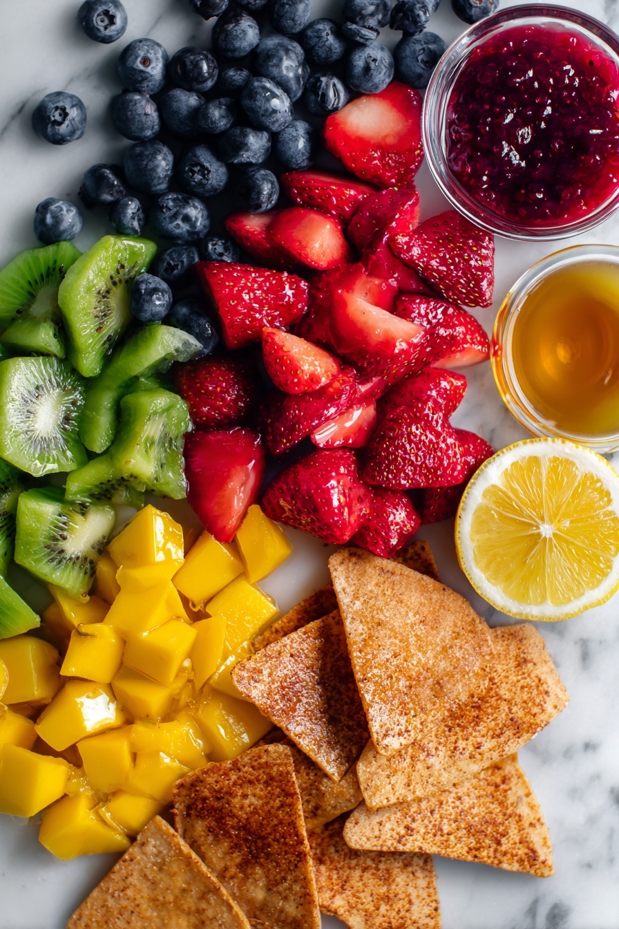 Flat lay of bright red strawberry pieces, juicy golden mango chunks, vibrant green kiwi slices, plump deep blue blueberries, glossy strawberry preserves with a rich red color, shiny droplets of golden honey, fresh lemon halves with visible pulp, and golden-brown cinnamon sugar tortilla chips cut into triangles, all beautifully arranged with contrasting colors and textures, placed on a white marble surface, photo taken with an iphone --ar 2:3 --v 7