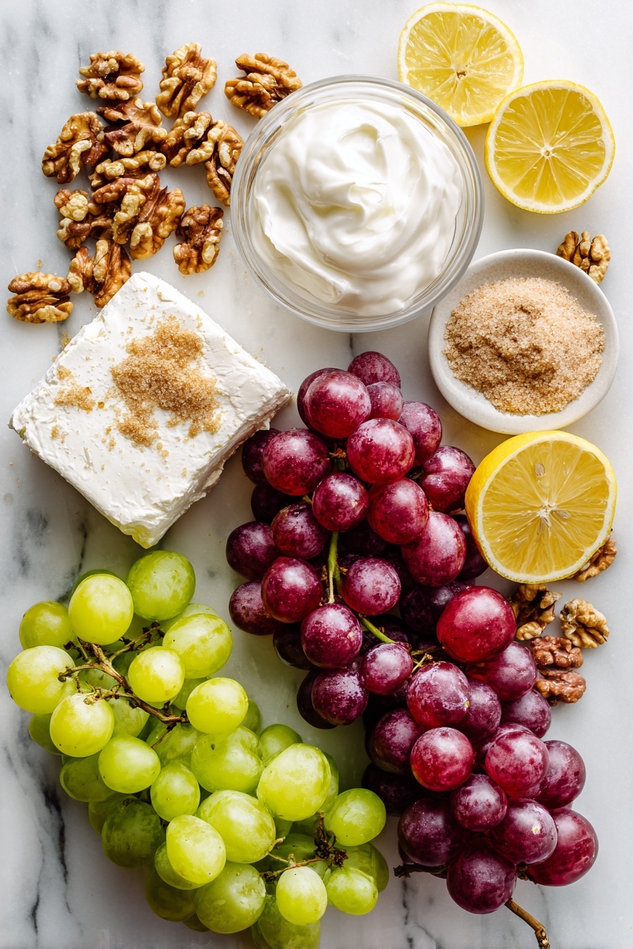 Flat lay of vibrant seedless red grapes and green grapes scattered alongside a block of soft cream cheese and a bowl of creamy plain Greek yogurt, with a small heap of golden brown sugar and a fresh lemon wedge for the juice, complemented by a neat pile of chopped walnuts and a sprinkle of light brown sugar crystals, all beautifully arranged on a white marble surface, photo taken with an iphone --ar 2:3 --v 7