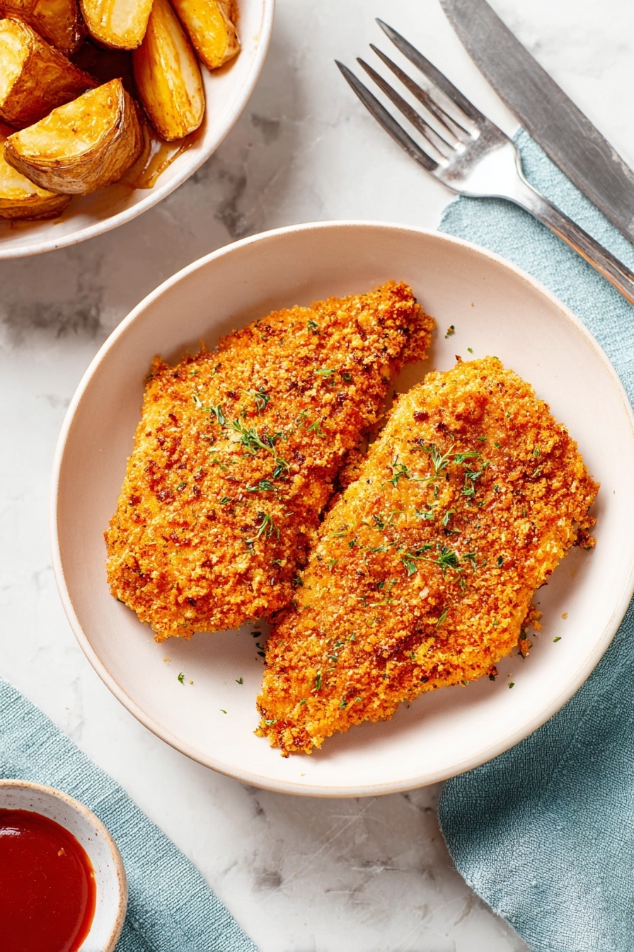 Two pieces of breaded fried chicken with a crispy golden-brown crust sit side by side in a white bowl. The coating is textured with small crunchy bits and has a warm orange hue with green herbs sprinkled on top. The bowl rests on a white marbled surface, near a fork and knife placed on a soft blue cloth napkin. Part of another white bowl with roasted potato wedges is visible in the top left corner, along with a small dish of red dipping sauce at the bottom left. Photo taken with an iphone --ar 2:3 --v 7