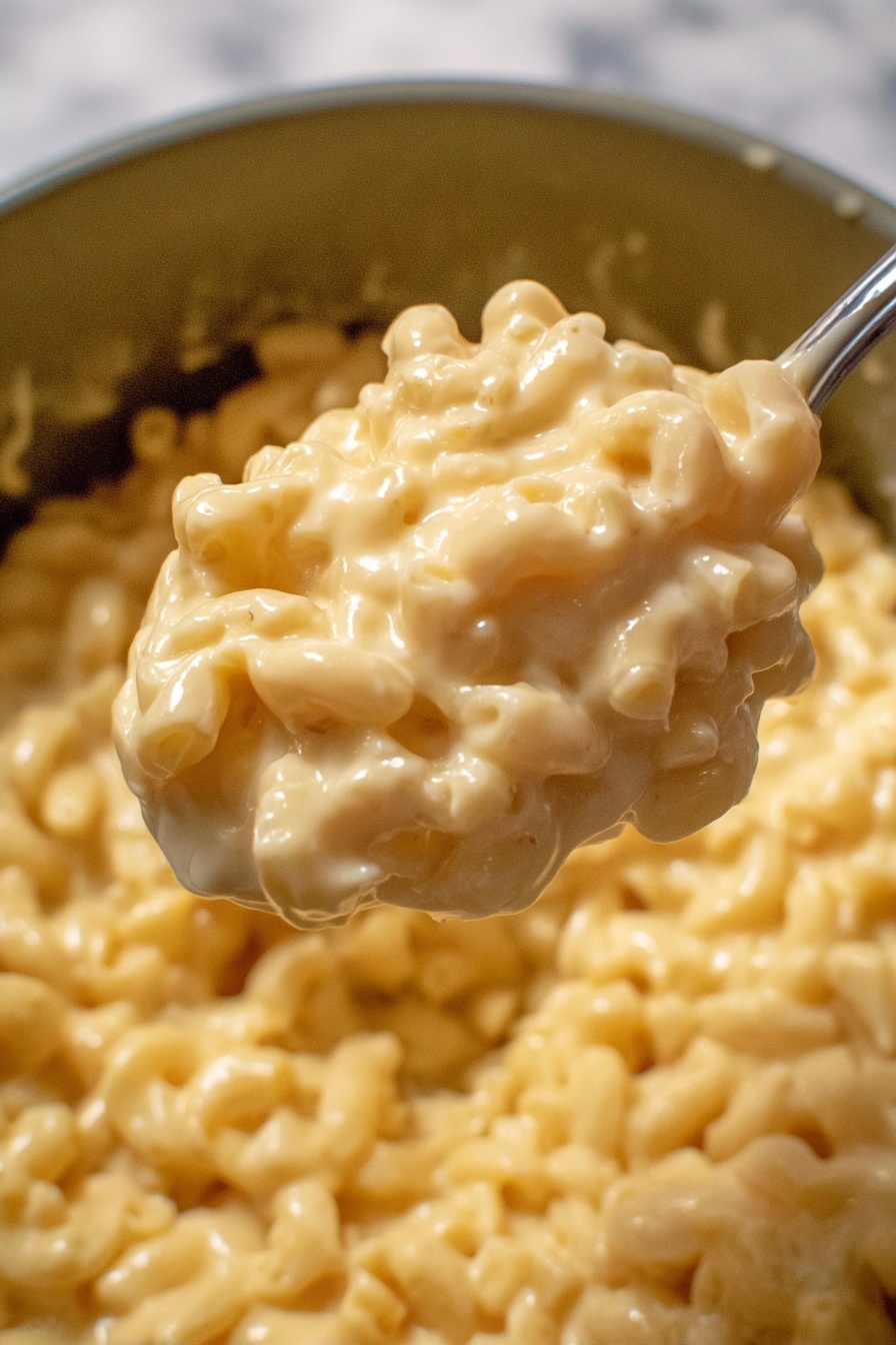 The image shows a close-up of creamy macaroni and cheese in a white bowl. The macaroni pasta is covered fully in smooth, thick, and shiny cheese sauce, which is pale yellow with a few black pepper specks spread inside. A silver spoon lifts a portion of the macaroni, emphasizing the rich and creamy texture of the cheese sauce. The background is a white marbled texture. photo taken with an iphone --ar 2:3 --v 7