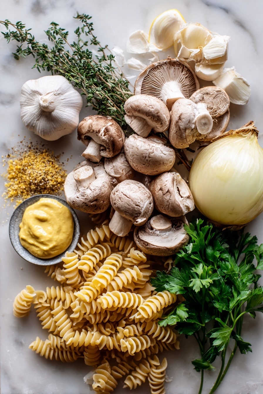 Vegan Mushroom Stroganoff - Flat lay of fresh white and brown mushrooms sliced with their natural soft textures, a half medium yellow onion with visible layers, several garlic cloves whole and peeled showing smooth, pale skin, sprigs of fresh green thyme with delicate leaves, a small pile of golden nutritional yeast flakes, a fresh bunch of bright green parsley leaves finely chopped, a wedge of lemon yellow Dijon mustard with creamy texture, and a cluster of uncooked rotini pasta in pale yellow spirals, all beautifully arranged in a balanced and natural way, placed on white marbled surface, photo taken with an iphone --ar 2:3 --v 7