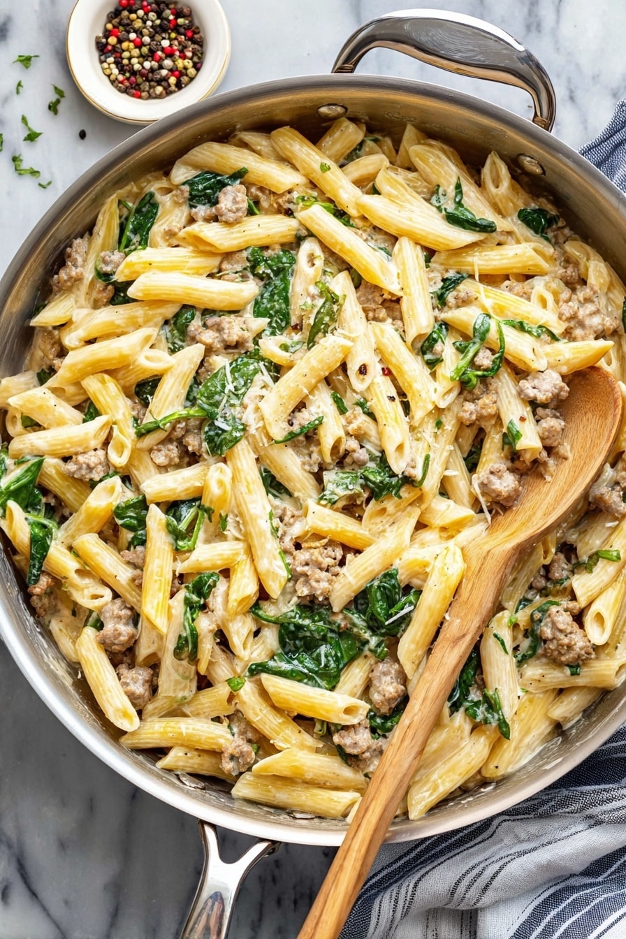 Creamy Italian Sausage Pasta - A large silver pan filled with creamy pasta made of light yellow penne noodles mixed evenly with small pieces of cooked ground meat and green spinach leaves, all coated in a smooth cream sauce. The dish is sprinkled with small green herb bits and cracks of black pepper. A wooden spoon rests on the pasta, and the pan sits on a white marbled surface next to a striped cloth and a small white bowl with colored peppercorns. Photo taken with an iphone --ar 2:3 --v 7