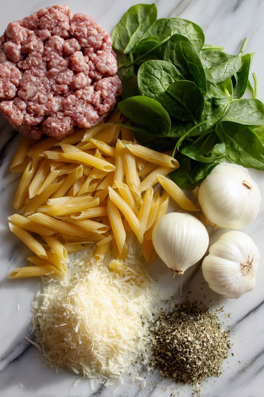 Creamy Italian Sausage Pasta - Flat lay of fresh Italian ground sausage with a rich marbled texture, uncooked penne pasta in a pale golden hue, a small mound of bright green baby spinach leaves with delicate veins, a bunch of plump garlic cloves with papery white skins, half a yellow onion finely minced showing its pale yellow layers, a generous pile of grated Parmesan cheese in fine snowy white flakes, and a small heap of dried Italian seasoning herbs in mixed green and brown tones, all carefully spread out and naturally overlapping, placed on white marbled surface, photo taken with an iphone --ar 2:3 --v 7