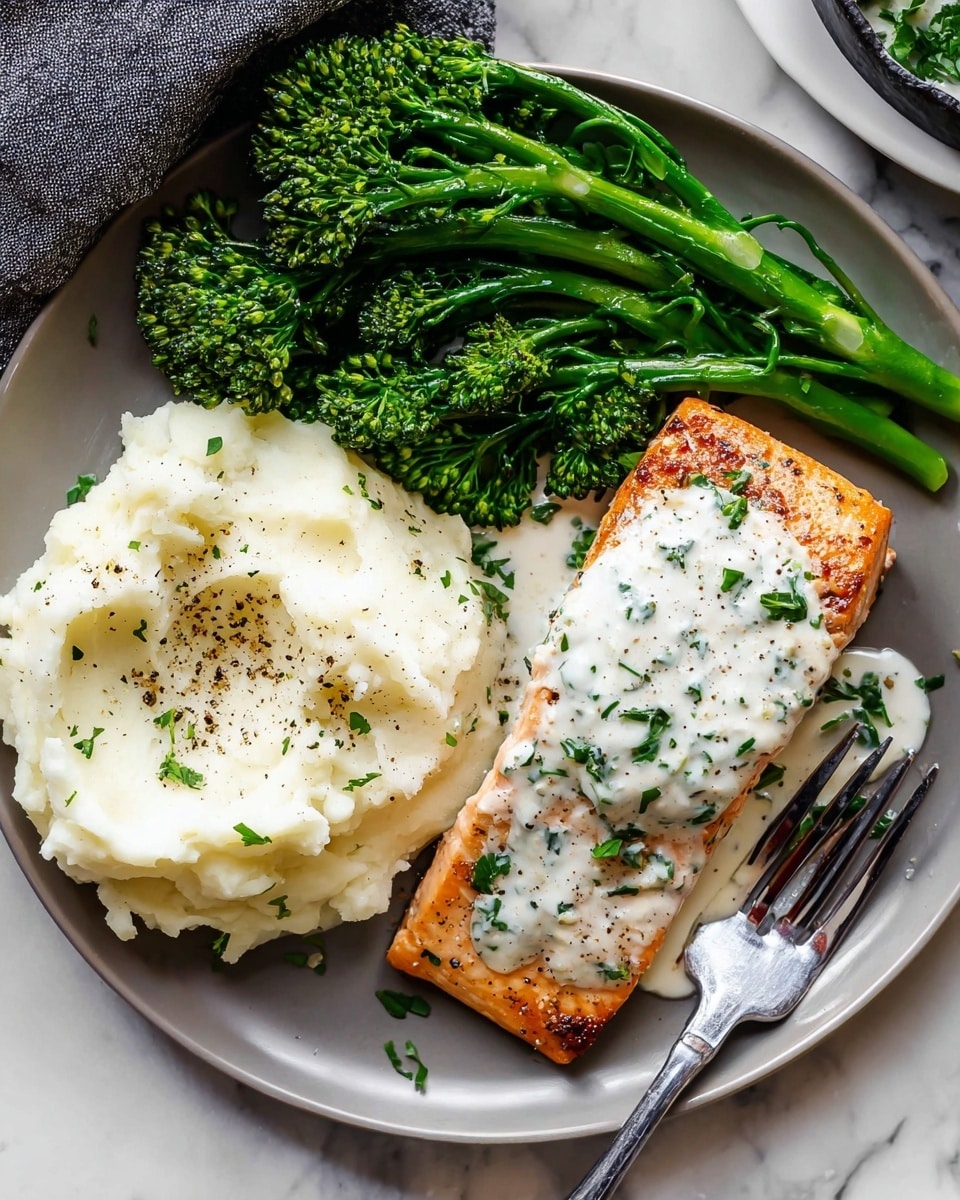 Garlic Butter Salmon - A white plate holds three sections of food arranged side by side: a mound of smooth, white mashed potatoes with black pepper sprinkled on top on the left, a cluster of bright green steamed broccolini with a slight shine and crisp texture at the top, and a golden-brown grilled salmon fillet on the right, topped with a creamy white herb sauce sprinkled with small green parsley pieces. A silver fork rests partly on the salmon and mashed potatoes. The plate is set on a white marbled surface, with a woman's hand holding the fork. photo taken with an iphone --ar 2:3 --v 7