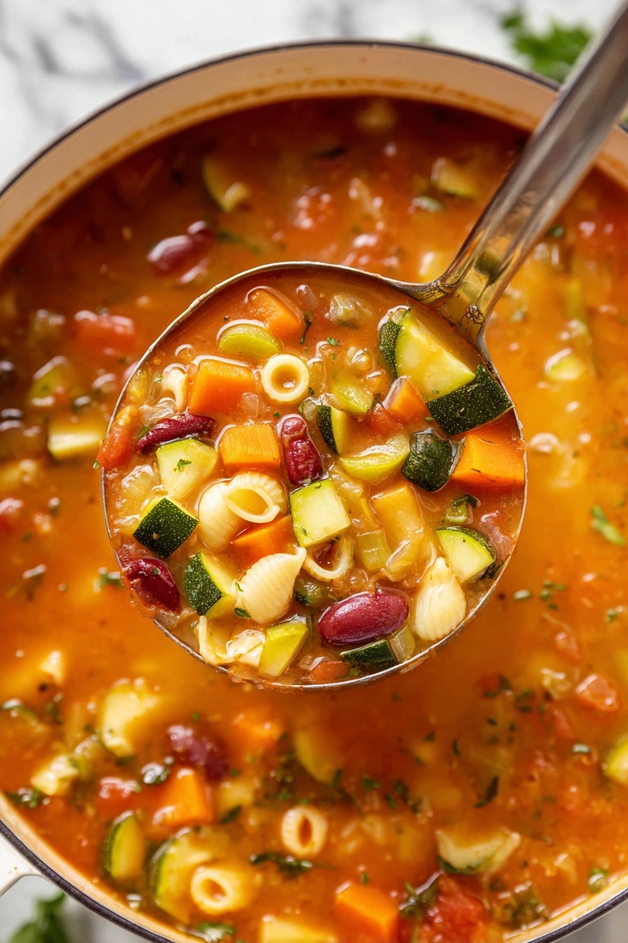 Minestrone Soup - A close-up view of a pot filled with vegetable soup showing a rich, orange broth with visible layers of diced orange carrots, green zucchini pieces, chopped celery, red kidney beans, small shell pasta, and bits of green herbs. A ladle lifts a portion of the soup, displaying the chunky vegetables and pasta clearly. The pot is white, and the background has a white marbled texture. photo taken with an iphone --ar 2:3 --v 7
