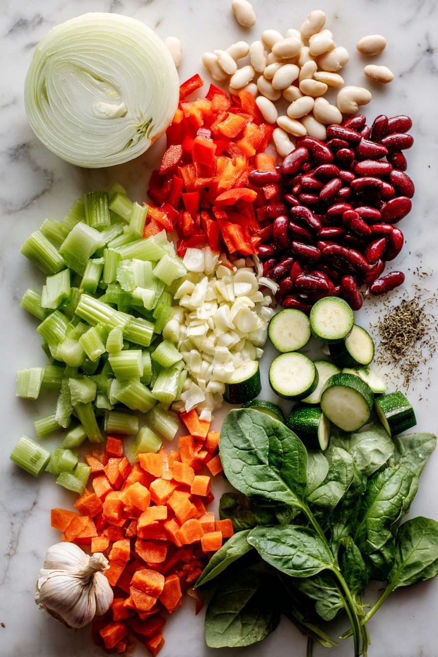 Minestrone Soup - Flat lay of fresh white onion with its smooth, pale layers next to vibrant green celery ribs, bright orange diced carrots, and fresh zucchini pieces showing their light green skin and soft interior. Nearby, a small pile of minced garlic cloves with creamy white color and papery skin scattered gently around. Ripe red diced tomatoes spilling over from a can, plump white cannellini beans contrasting with deep red kidney beans, and a handful of fresh baby spinach leaves with crinkly dark green texture all arranged naturally. A sprinkle of dried basil and oregano adds subtle earthy tones, placed on white marbled surface, photo taken with an iphone --ar 2:3 --v 7