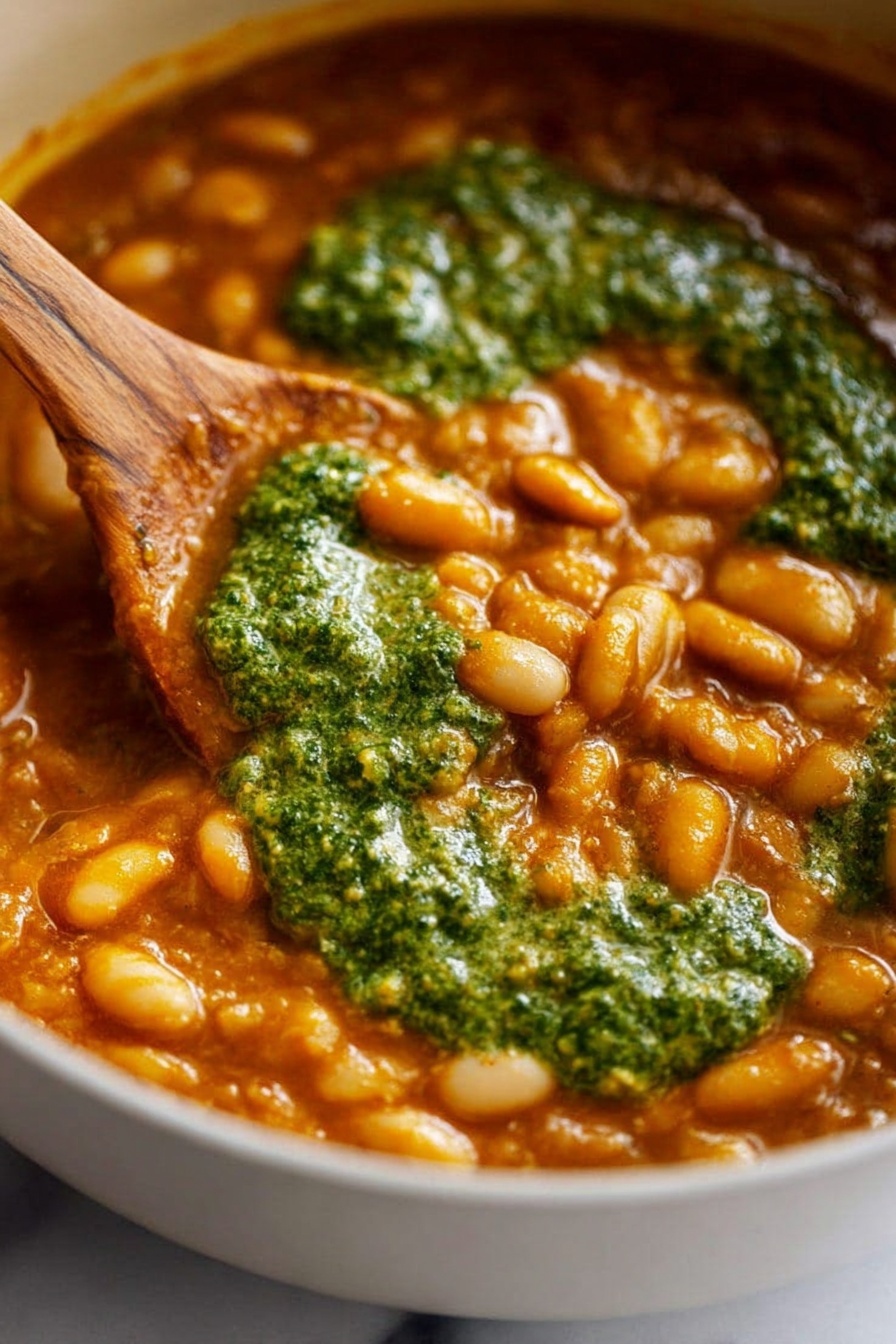 Bean Soup - The image shows a close-up view of a thick stew with a rich orange-brown base filled with white beans. There are bright green dollops of herb sauce spread unevenly across the surface, adding a fresh contrast. A wooden spoon is partially dipped into the stew, stirring the mixture, with the texture of the beans and sauce clearly visible and creamy. The photo is taken against a white marbled texture background, giving a clean and simple look. photo taken with an iphone --ar 2:3 --v 7