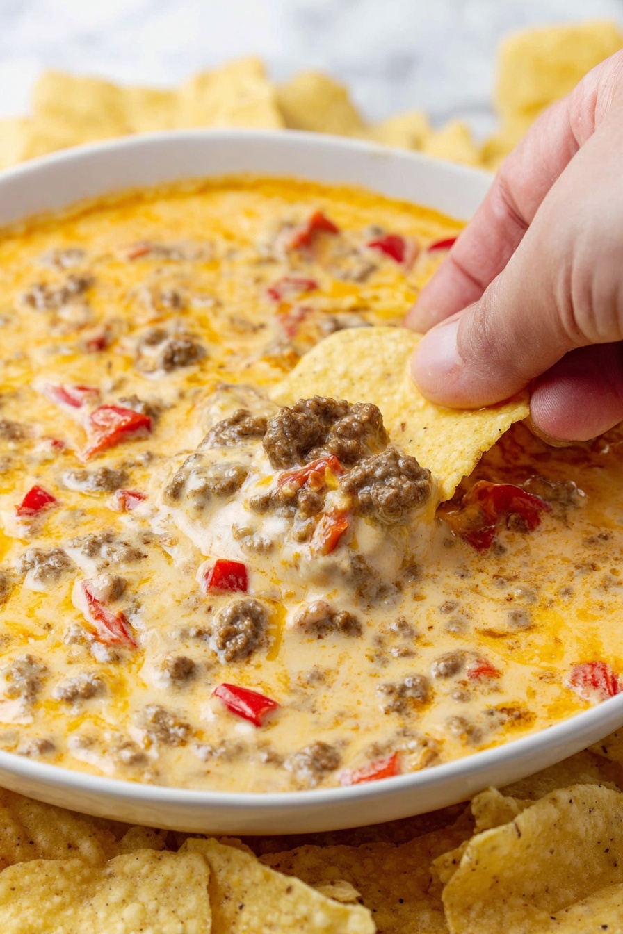 A close-up image shows a white plate filled with a thick, creamy cheese dip mixed with browned ground meat and small red bell pepper pieces scattered throughout. The dip has a shiny, smooth surface with chunky textures from the meat and peppers. A woman’s hand is shown dipping a light yellow tortilla chip into the dip, holding it near the top right corner. Around the plate, more tortilla chips are visible on a white marbled surface background. Photo taken with an iphone --ar 2:3 --v 7
