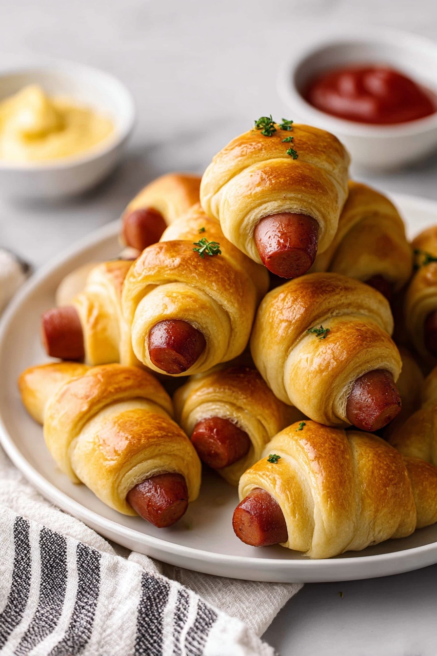 A white plate holds a pile of golden brown crescent rolls wrapped tightly around small, shiny reddish-brown sausages. Each roll shows soft, flaky layers with a smooth, slightly glossy surface sprinkled with small green herb pieces. In the background, slightly out of focus, are two small white bowls filled with creamy pale yellow mustard and bright red ketchup. The plate rests on a white marbled surface, next to a white cloth with black stripes. photo taken with an iphone --ar 2:3 --v 7